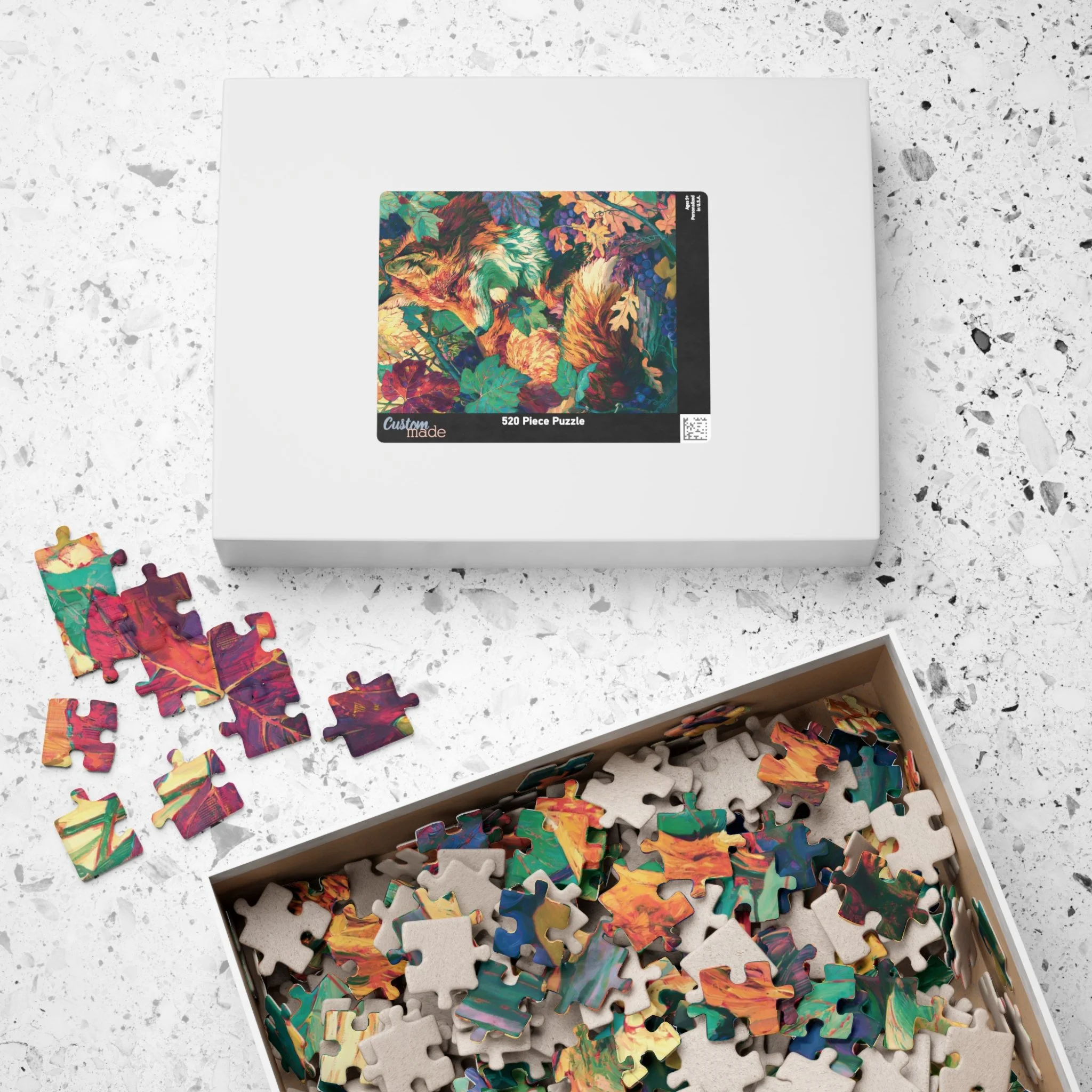 Red Fox in the Muscadine Vines puzzle box and pieces featuring original Lakehouse fox artwork with muscadine vines, purple grapes, and saturated Appalachian color