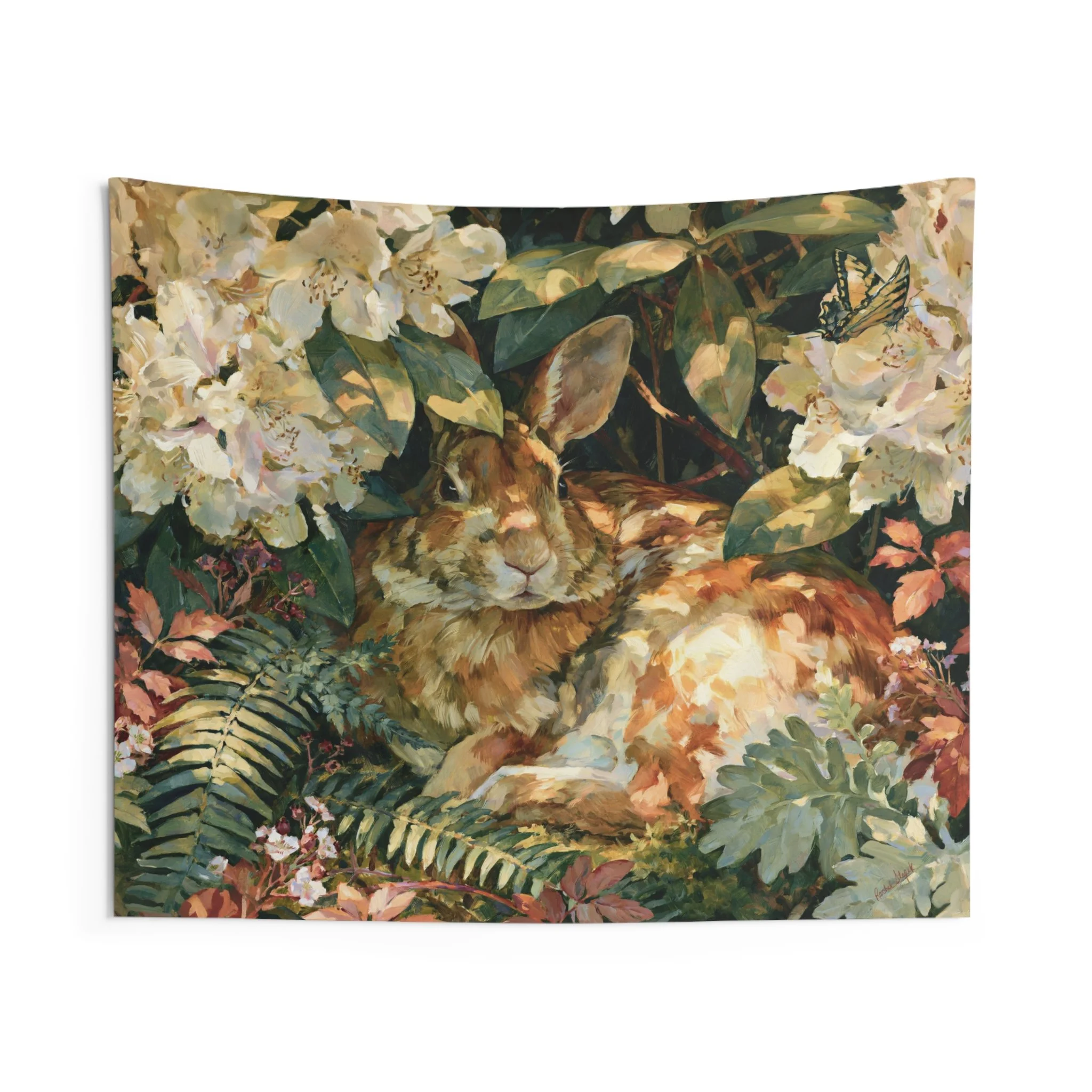 Rabbit in the Rhododendron tapestry featuring an Eastern cottontail nestled among cream rhododendron blooms, ferns, moss, woodland leaves, and filtered golden light on printed tapestry