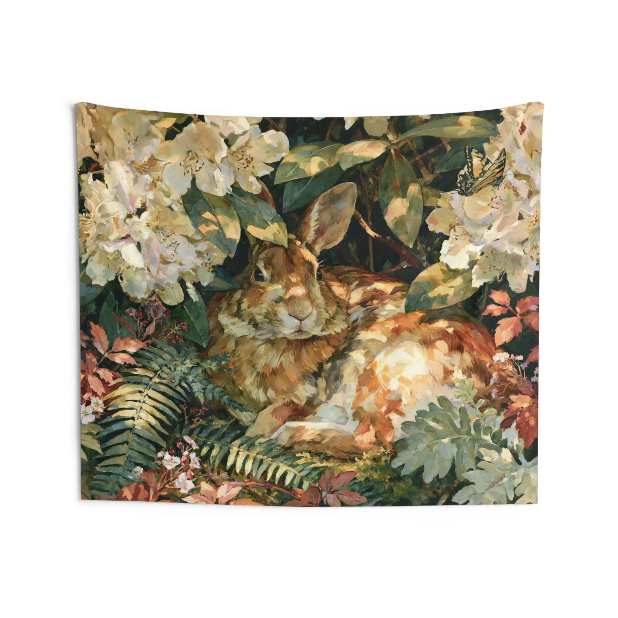 Rabbit in the Rhododendron — Eastern Cottontail Wall Tapestry