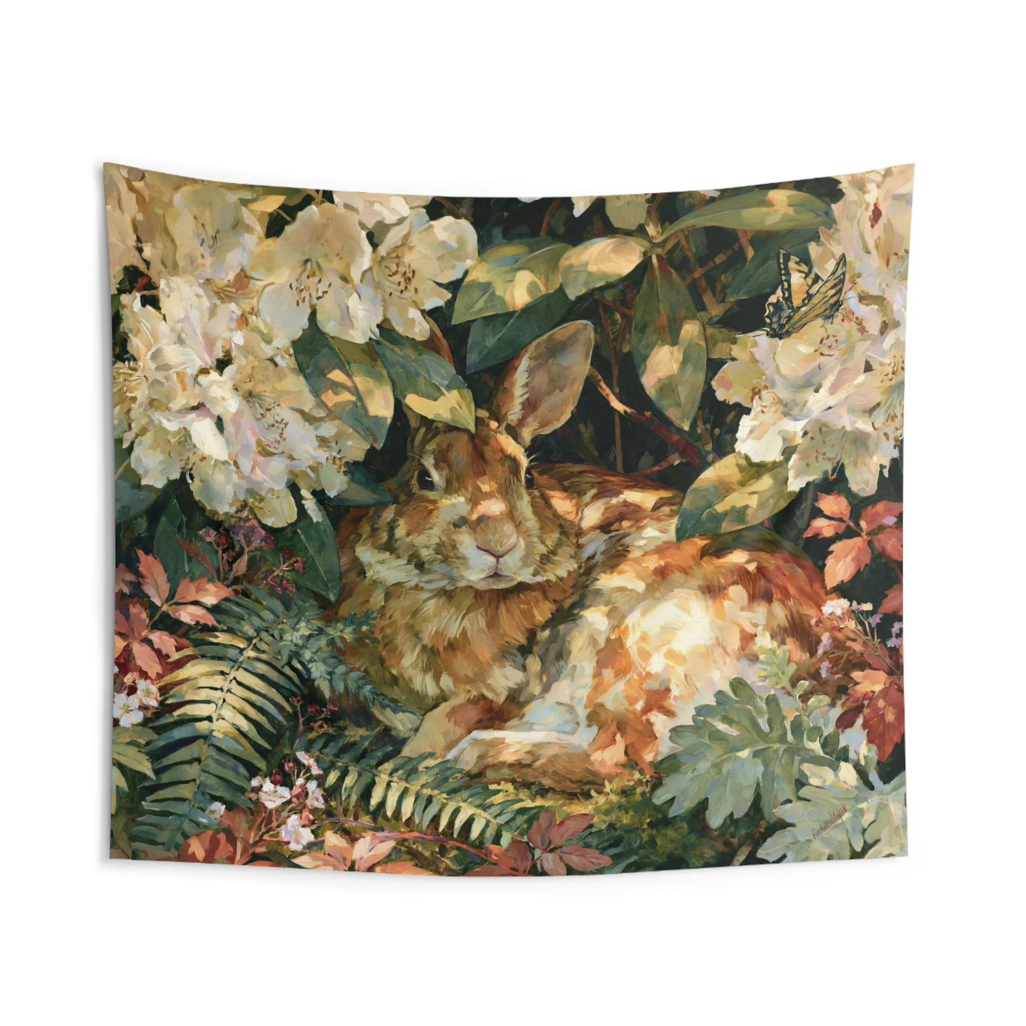 Rabbit in the Rhododendron tapestry featuring an Eastern cottontail nestled among cream rhododendron blooms, ferns, moss, woodland leaves, and filtered golden light on large tapestry