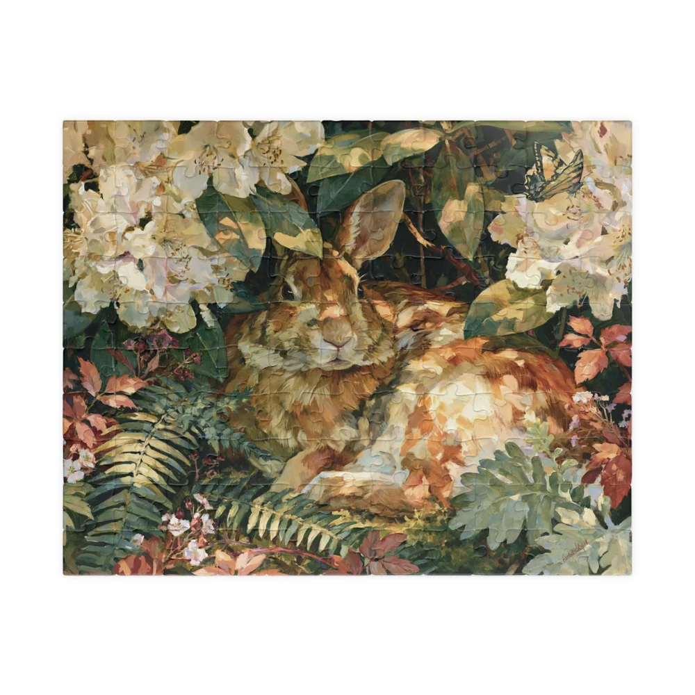 Complete Rabbit in the Rhododendron horizontal jigsaw puzzle shown against a clean white background
