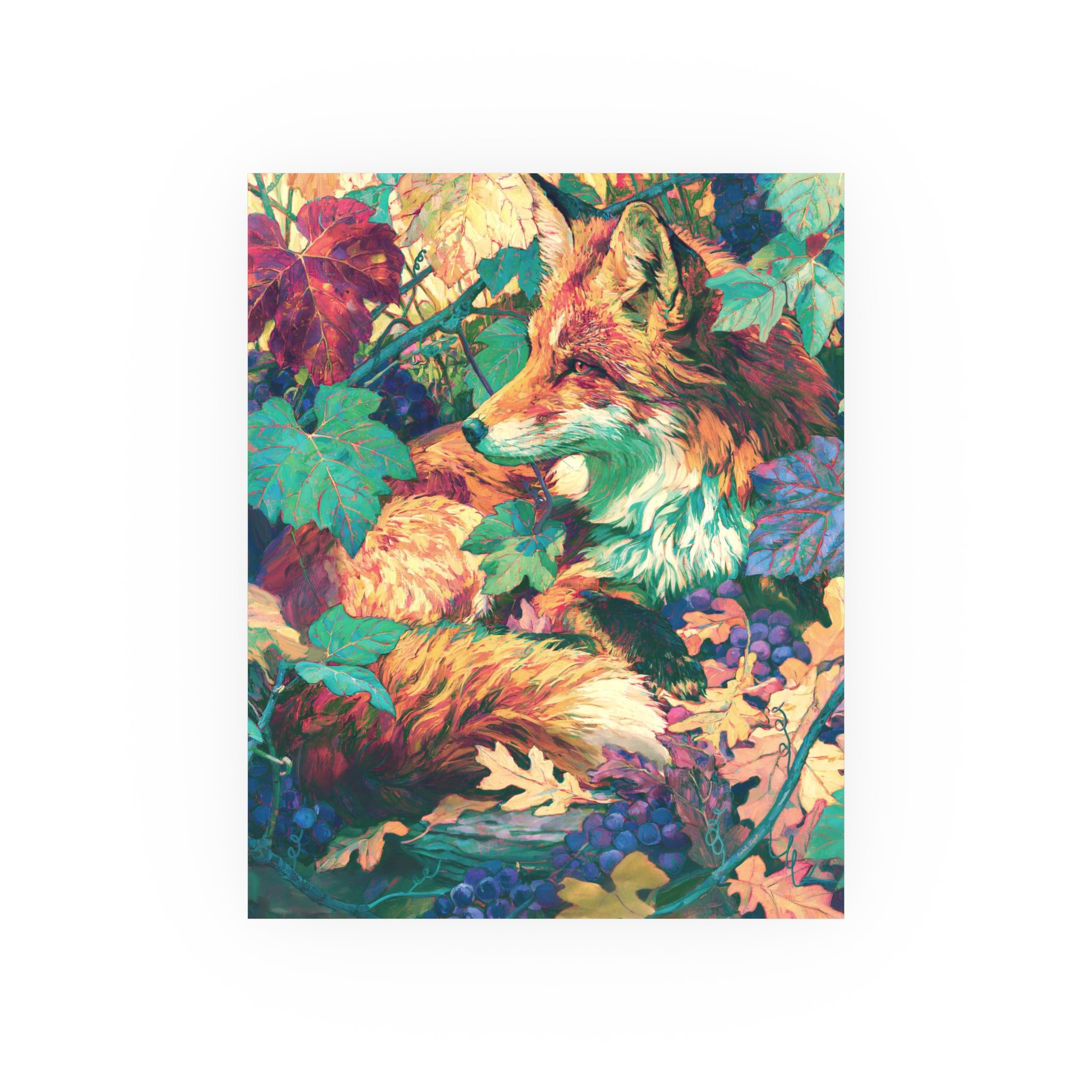 Red Fox in the Muscadine Vines 8 x 10 unframed art print with a red fox among muscadine leaves and grapes