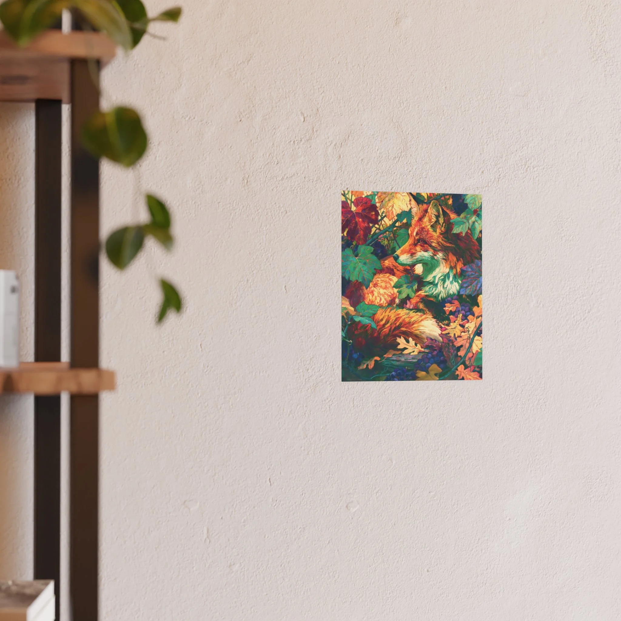 Red Fox in the Muscadine Vines 8 x 10 art print displayed on a light wall beside a wood shelf and green plant