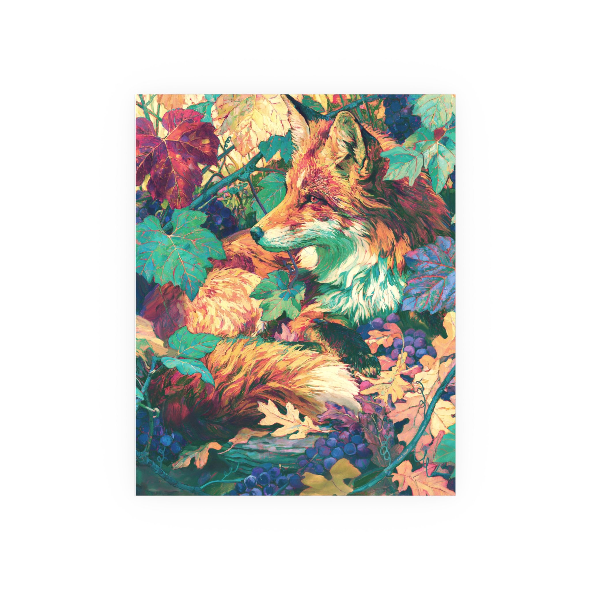 Red Fox in the Muscadine Vines 16 x 20 unframed art print with a red fox among muscadine leaves and grapes