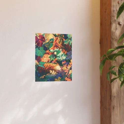 Red Fox in the Muscadine Vines 16 by 20 inch Lakehouse Goods Art Print displayed on a light wall beside wood and a green plant