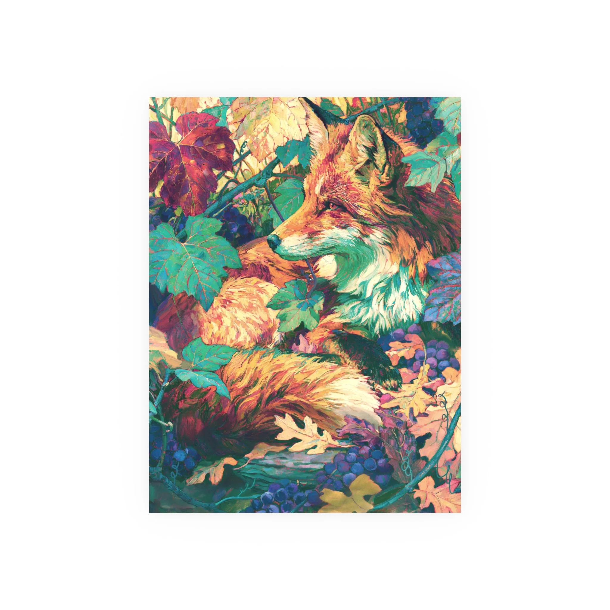 Red Fox in the Muscadine Vines 18 x 24 unframed art print with a red fox among muscadine leaves and grapes