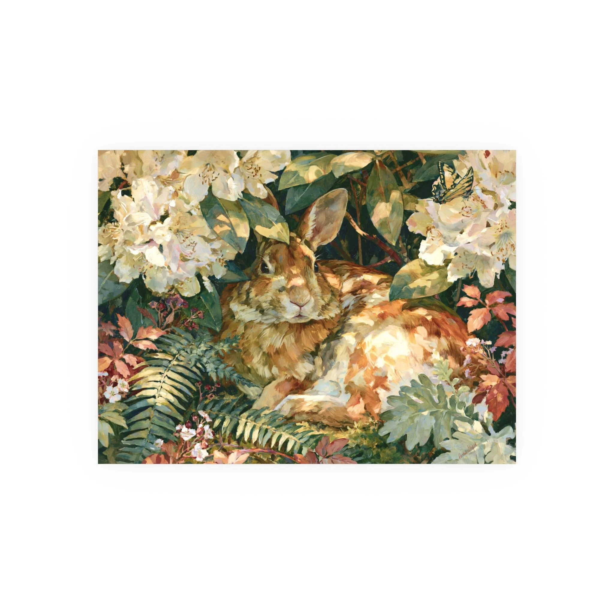 Rabbit in the Rhododendron 24 x 18 unframed art print with an Eastern cottontail beneath pale blooms and ferns