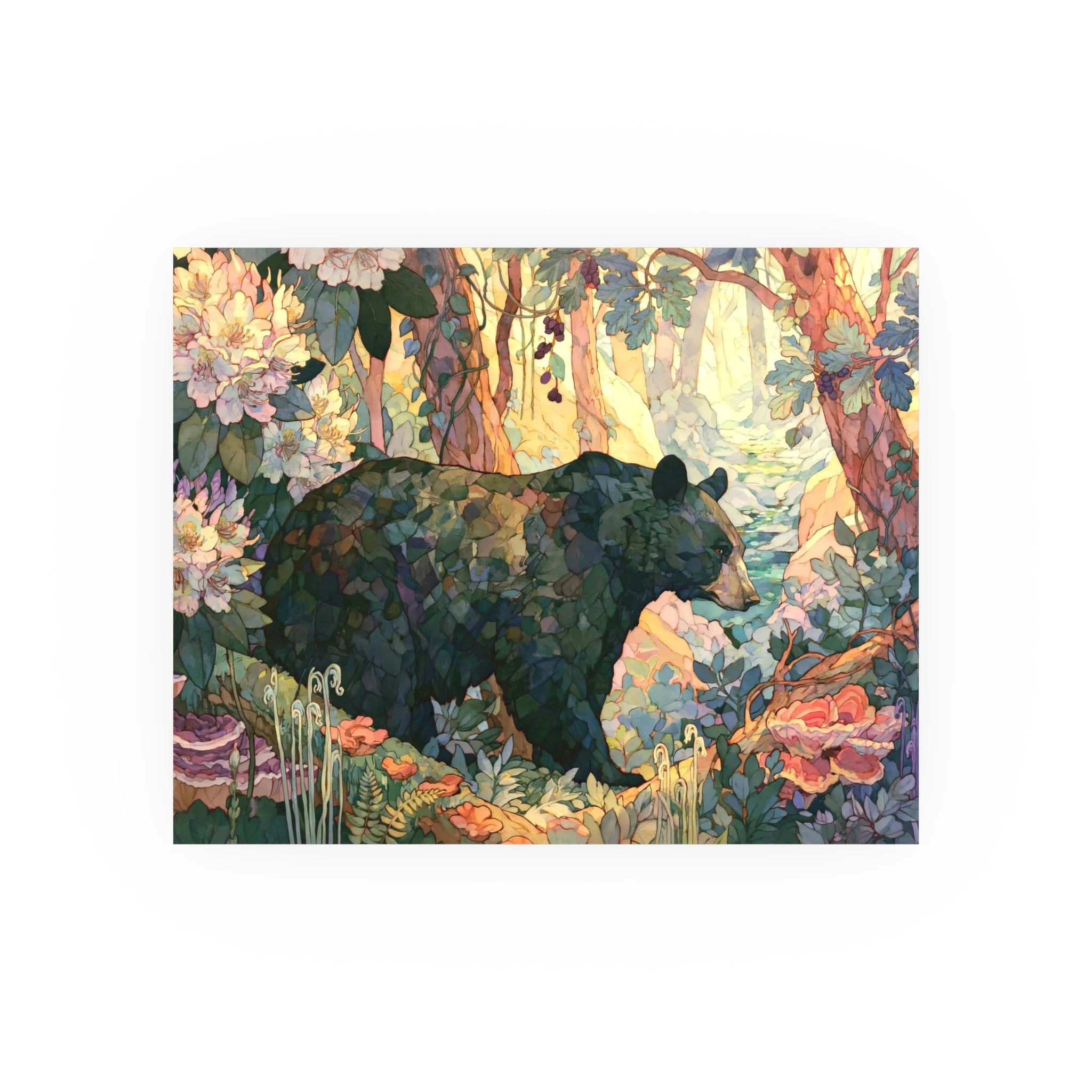 Black Bear Forest 10 x 8 unframed art print with a black bear among rhododendron, ferns and woodland fungi