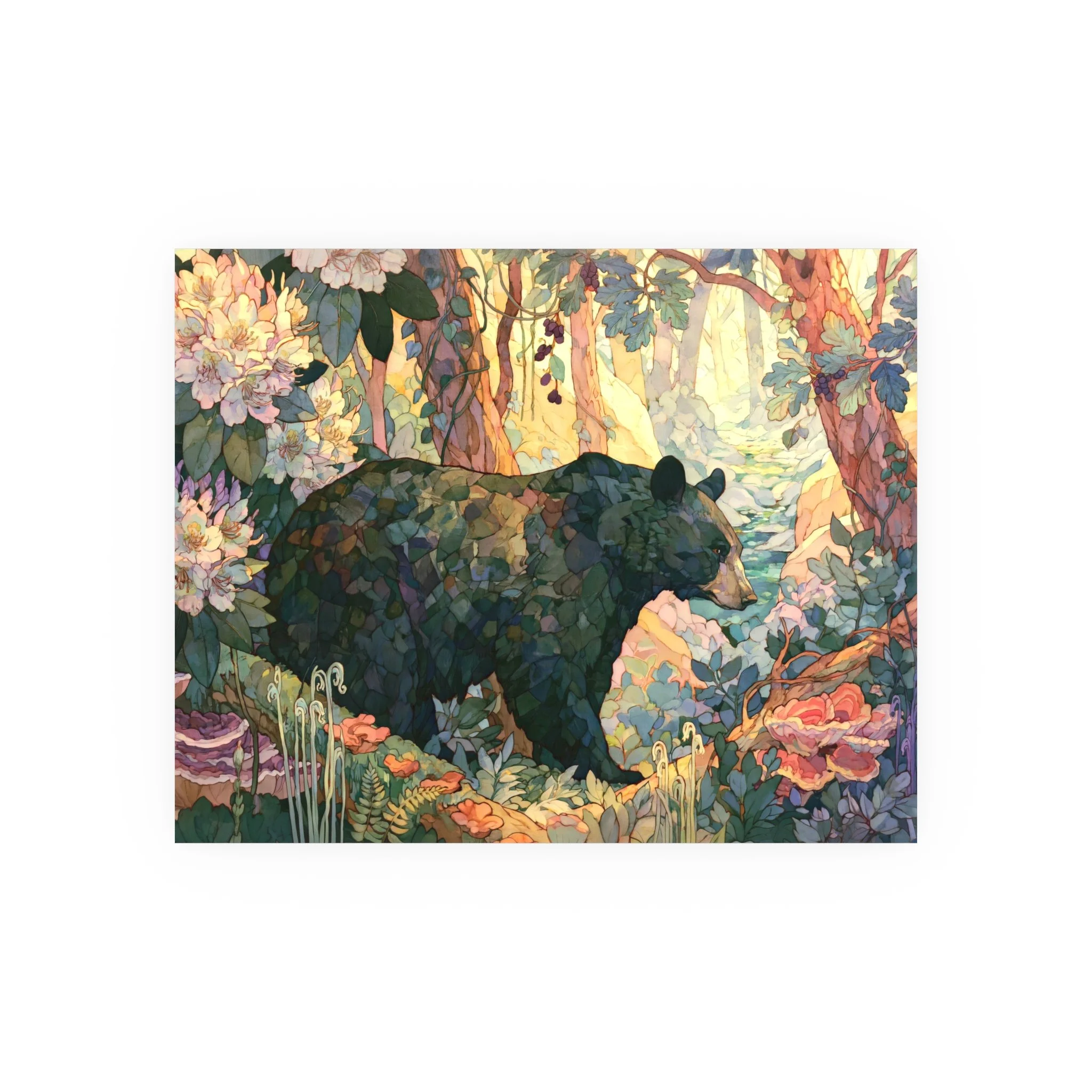 Black Bear Forest 20 x 16 unframed art print with a black bear among rhododendron, ferns and woodland fungi