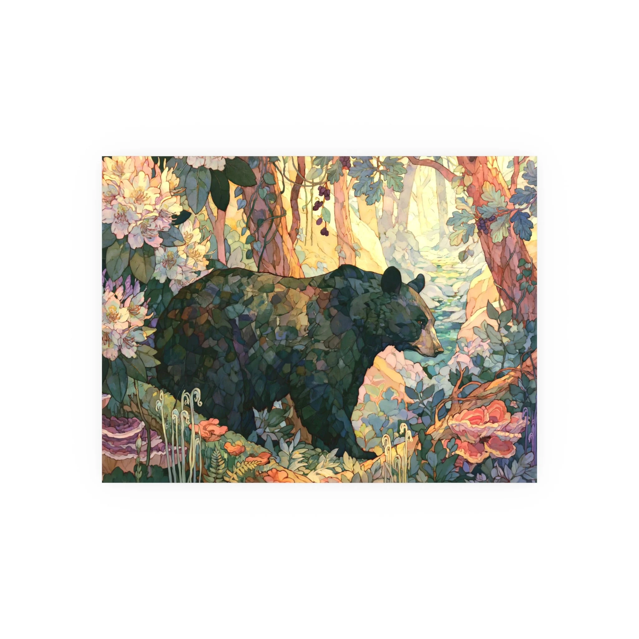 Black Bear Forest 24 x 18 unframed art print with a black bear among rhododendron, ferns and woodland fungi