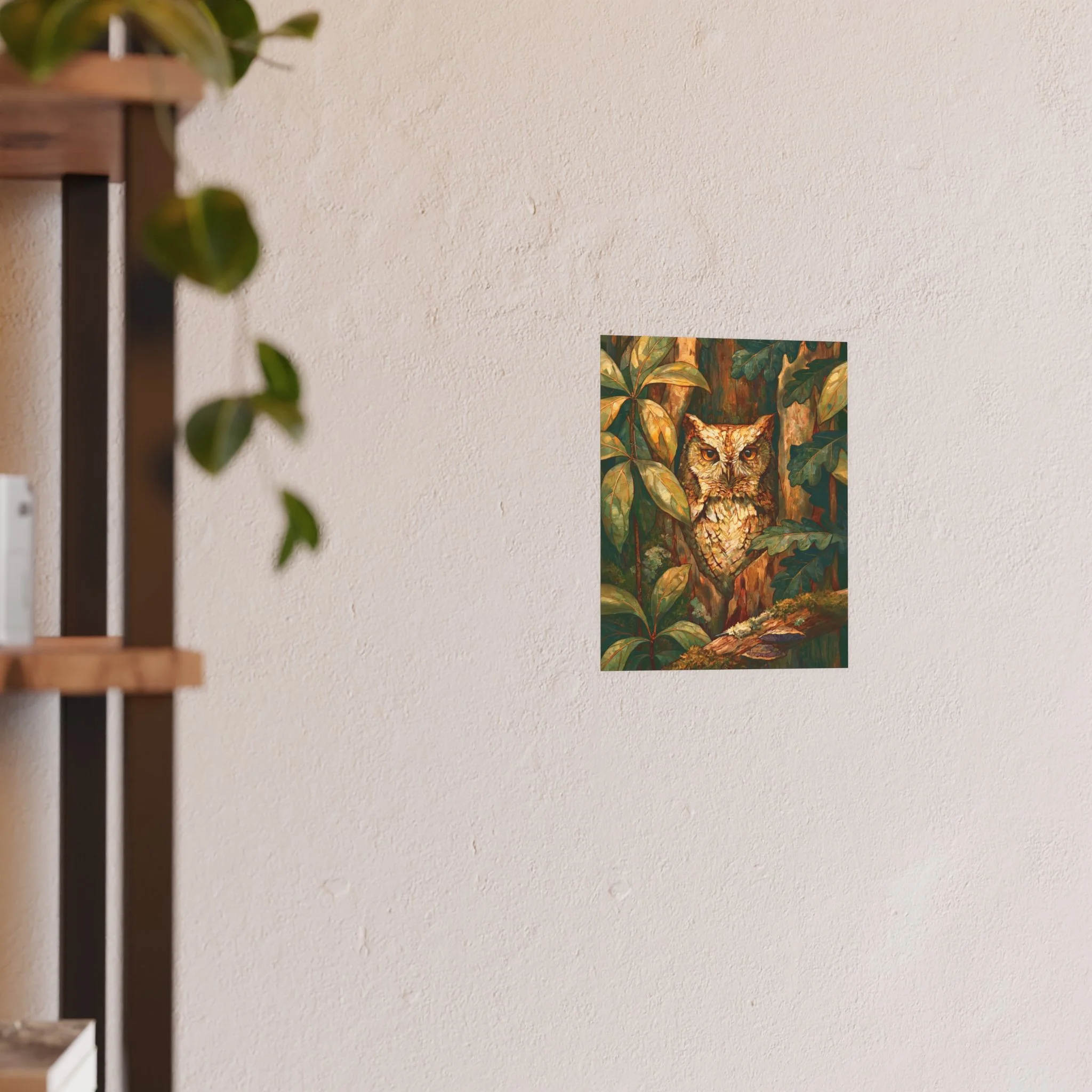 Eastern Screech Owl 8 x 10 art print displayed on a light wall beside a wood shelf and green plant
