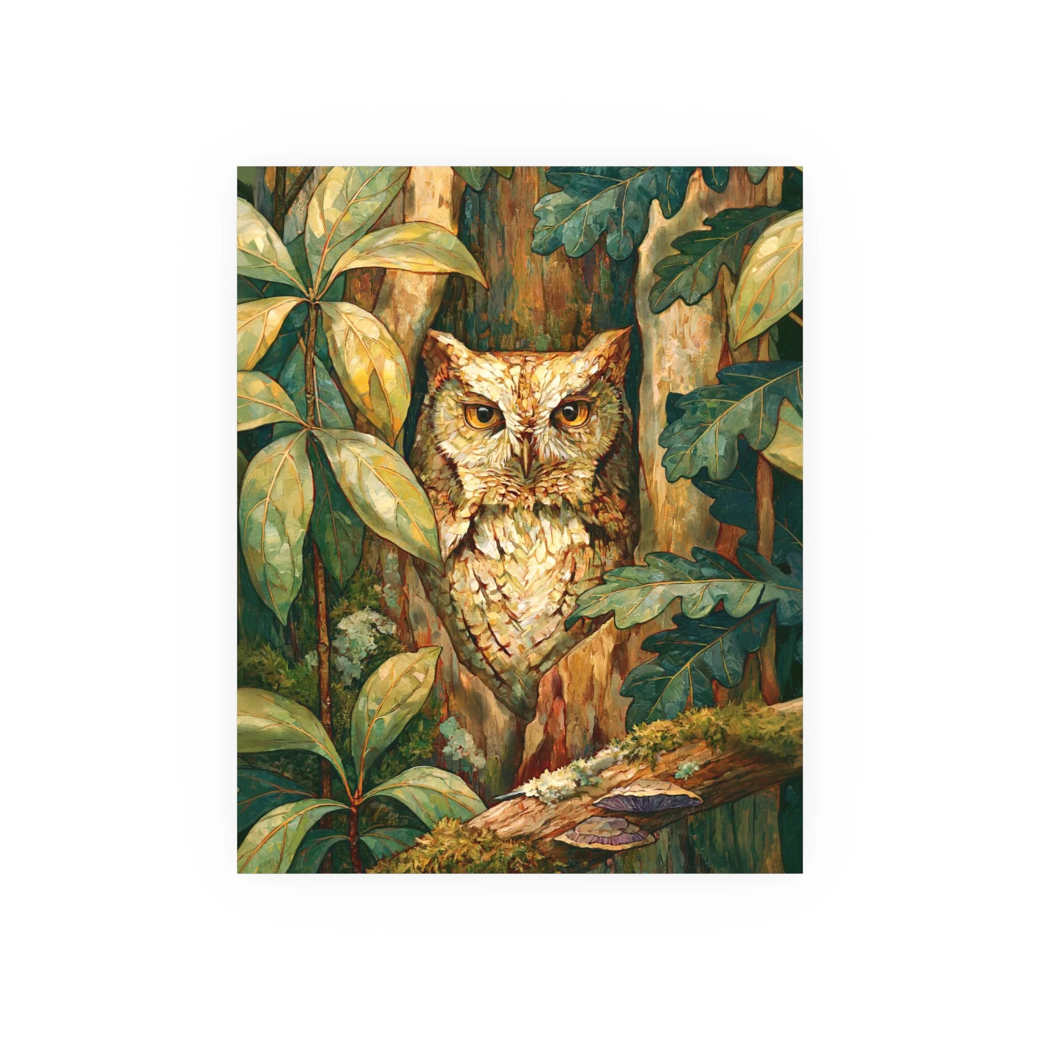 Eastern Screech Owl 16 x 20 unframed art print with an owl inside a hollow tree among oak leaves, moss and fungi