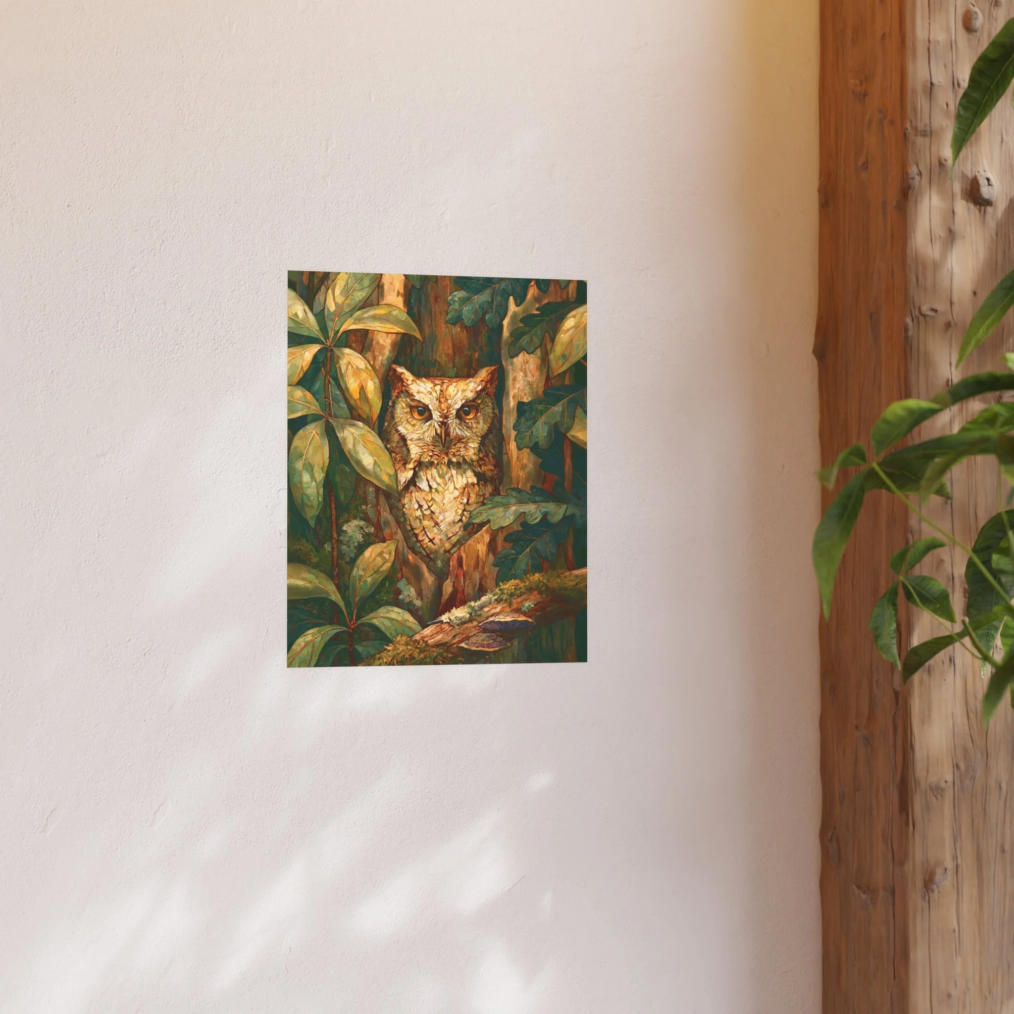Eastern Screech Owl 16 x 20 art print displayed on a light wall beside a wood shelf and green plant