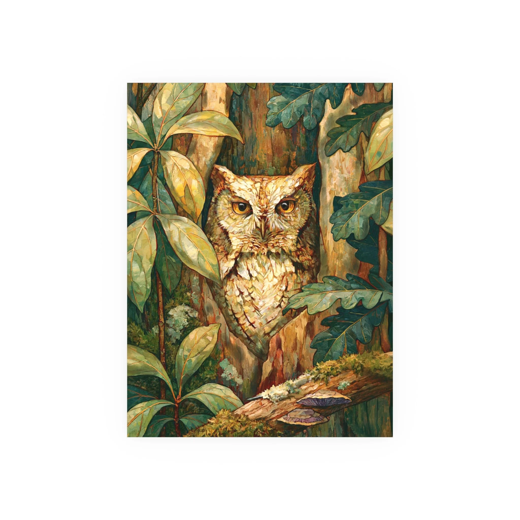 Eastern Screech Owl 18 x 24 unframed art print with an owl inside a hollow tree among oak leaves, moss and fungi