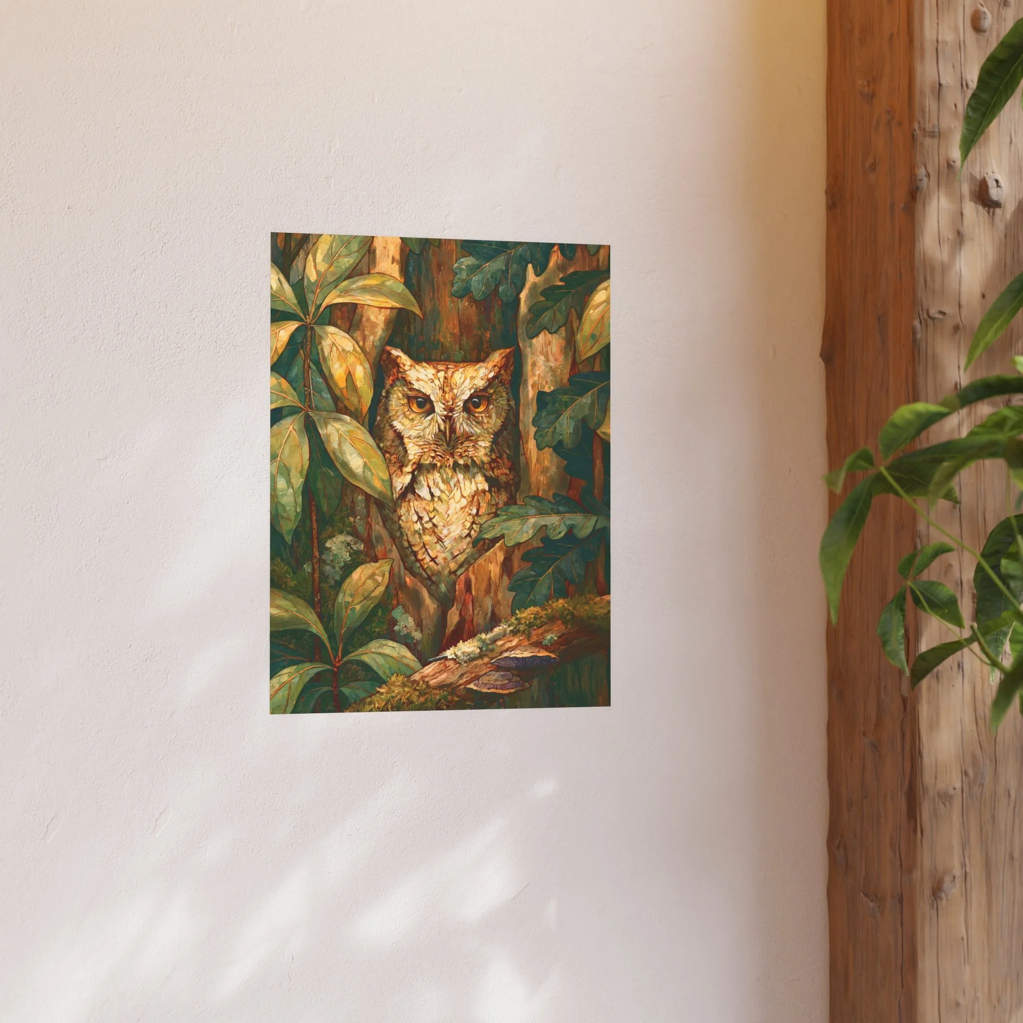 Eastern Screech Owl 18 x 24 art print displayed on a light wall beside a wood shelf and green plant