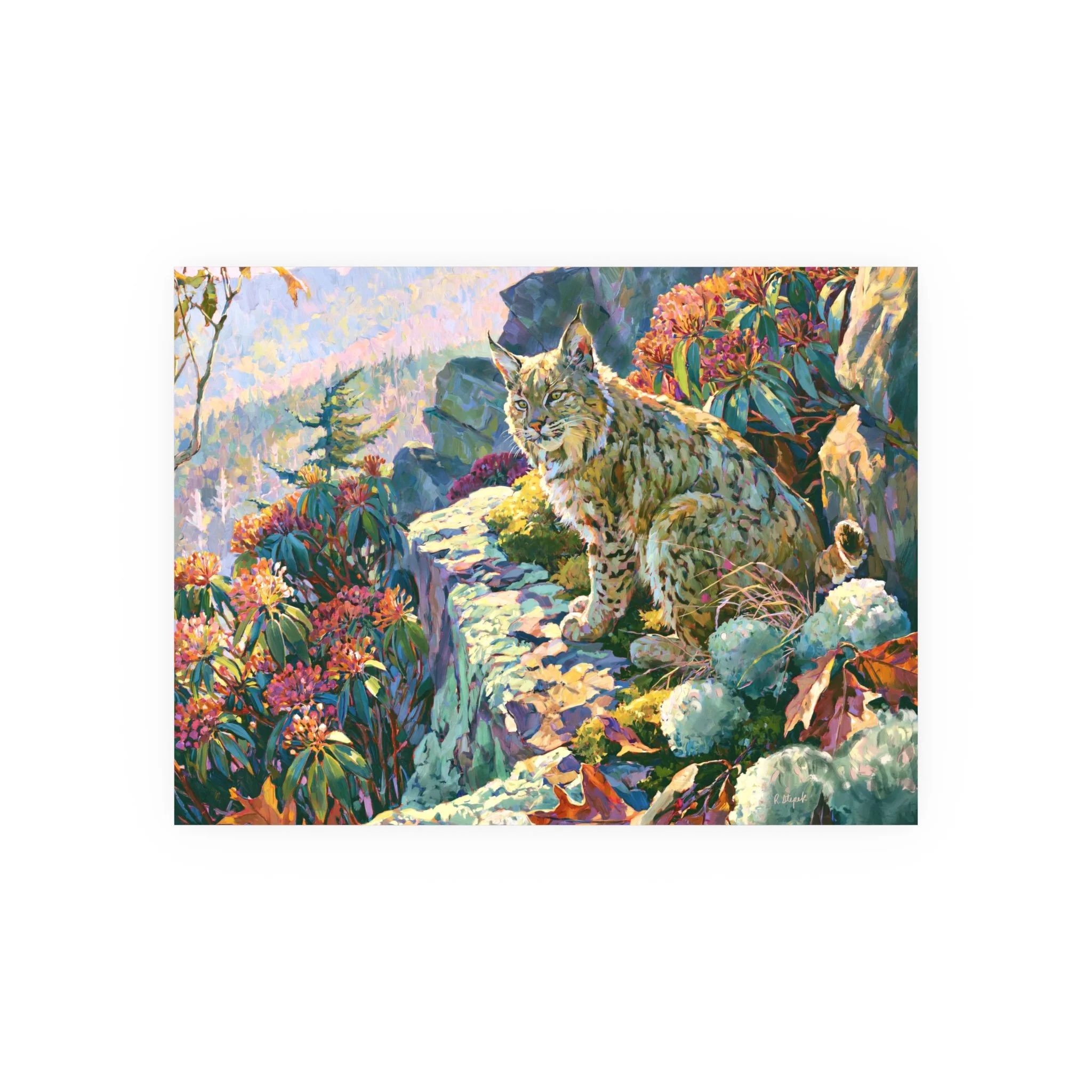 Wildcat Over the Gorge 24 x 18 unframed bobcat art print with mountain laurel, sandstone and an Appalachian gorge
