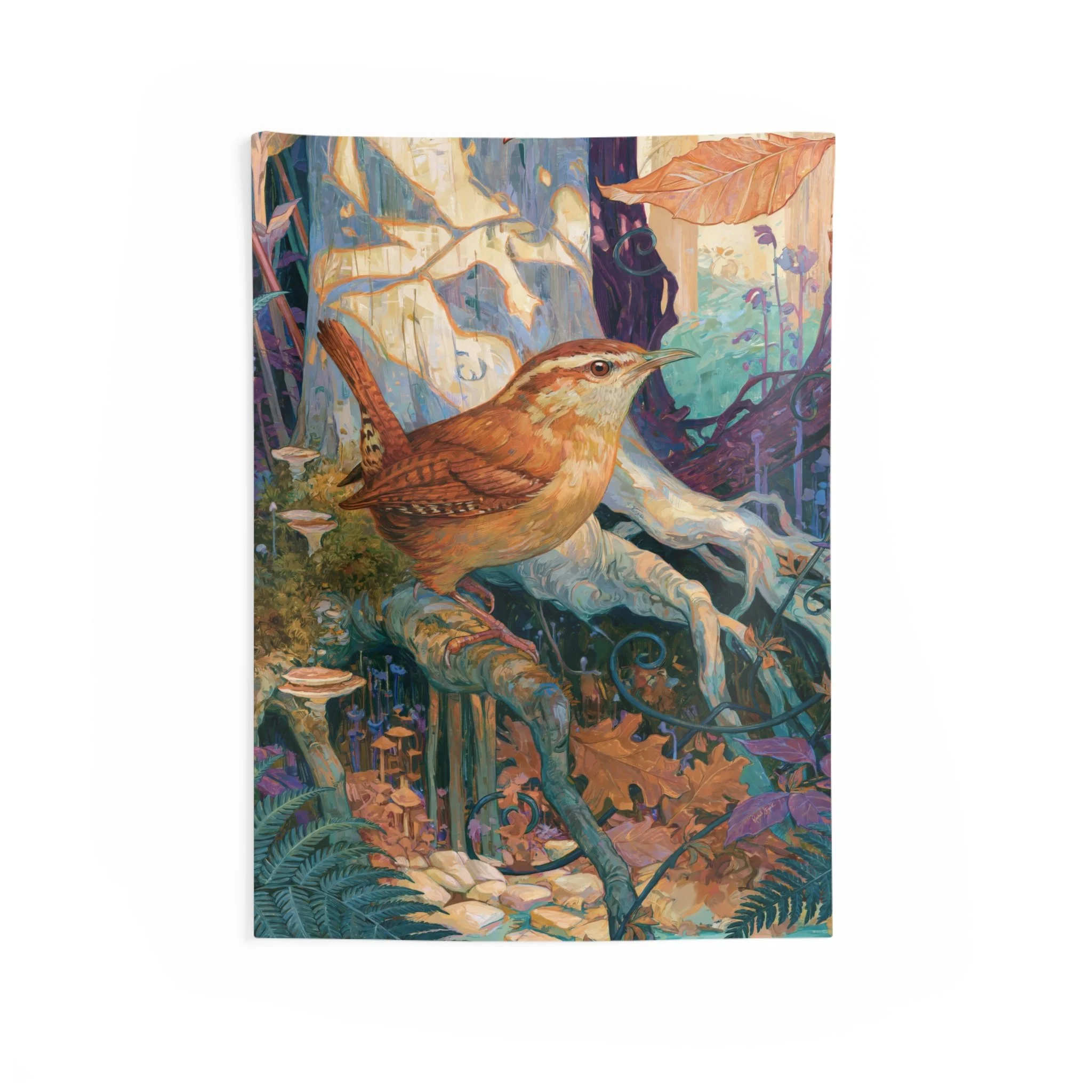 RStepek Carolina Wren in the Beech Roots wall tapestry featuring a Carolina wren among pale beech roots, ferns, moss, fungi, copper leaves, and creekside color.