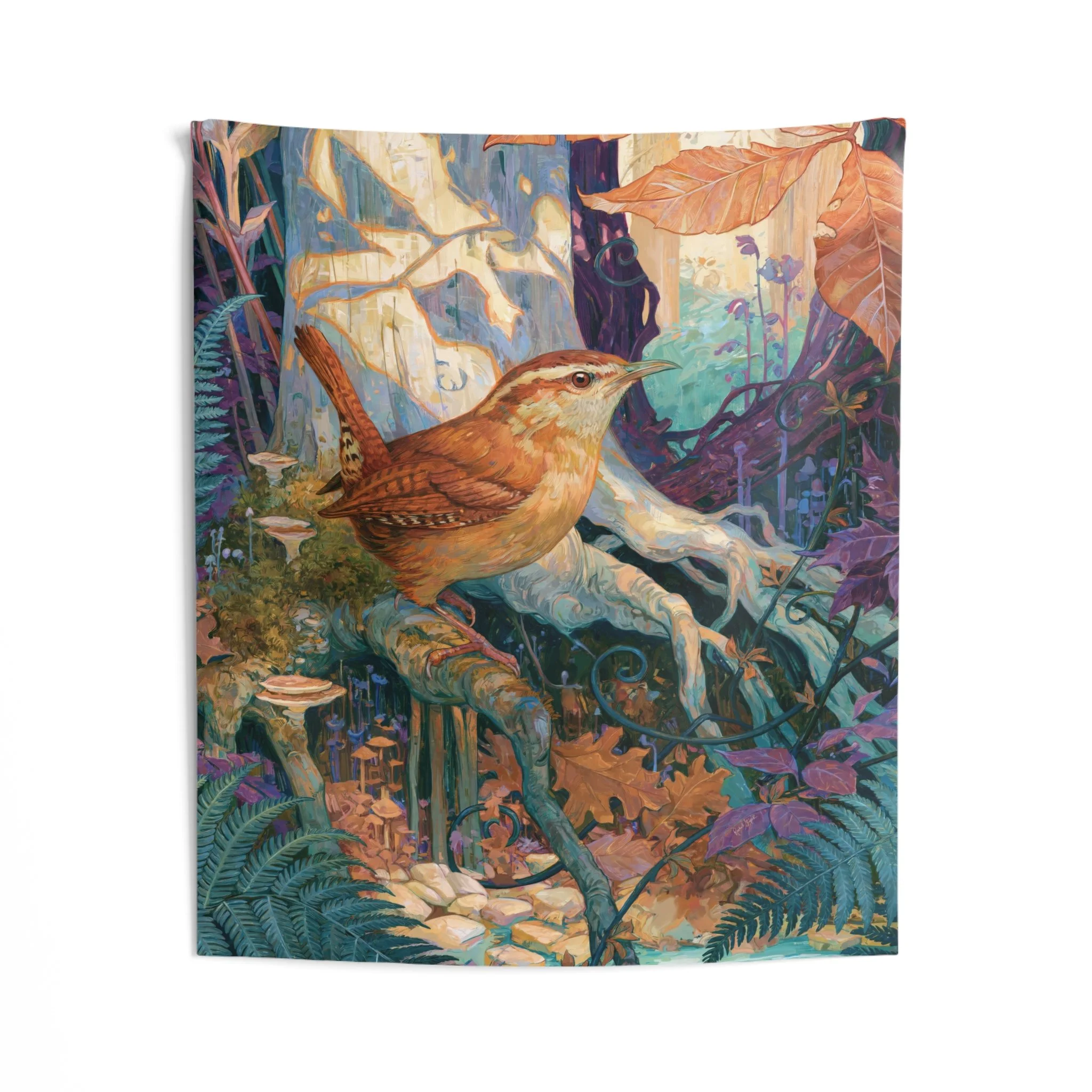 RStepek Carolina Wren in the Beech Roots artwork with a cinnamon Carolina wren perched on exposed beech roots in an Appalachian cove forest.