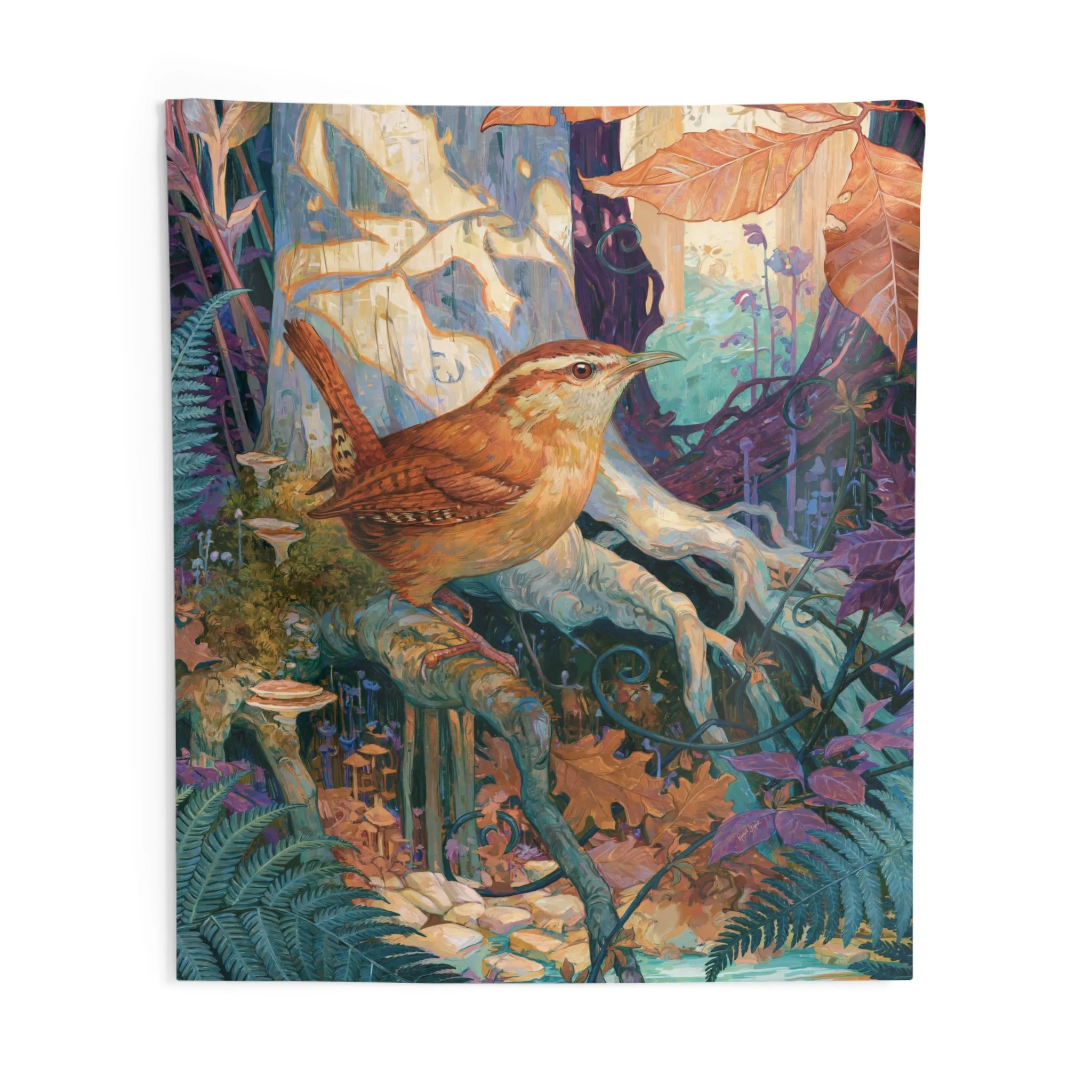 Carolina Wren in the Beech Roots — Appalachian Cove Forest Wall Tapestry