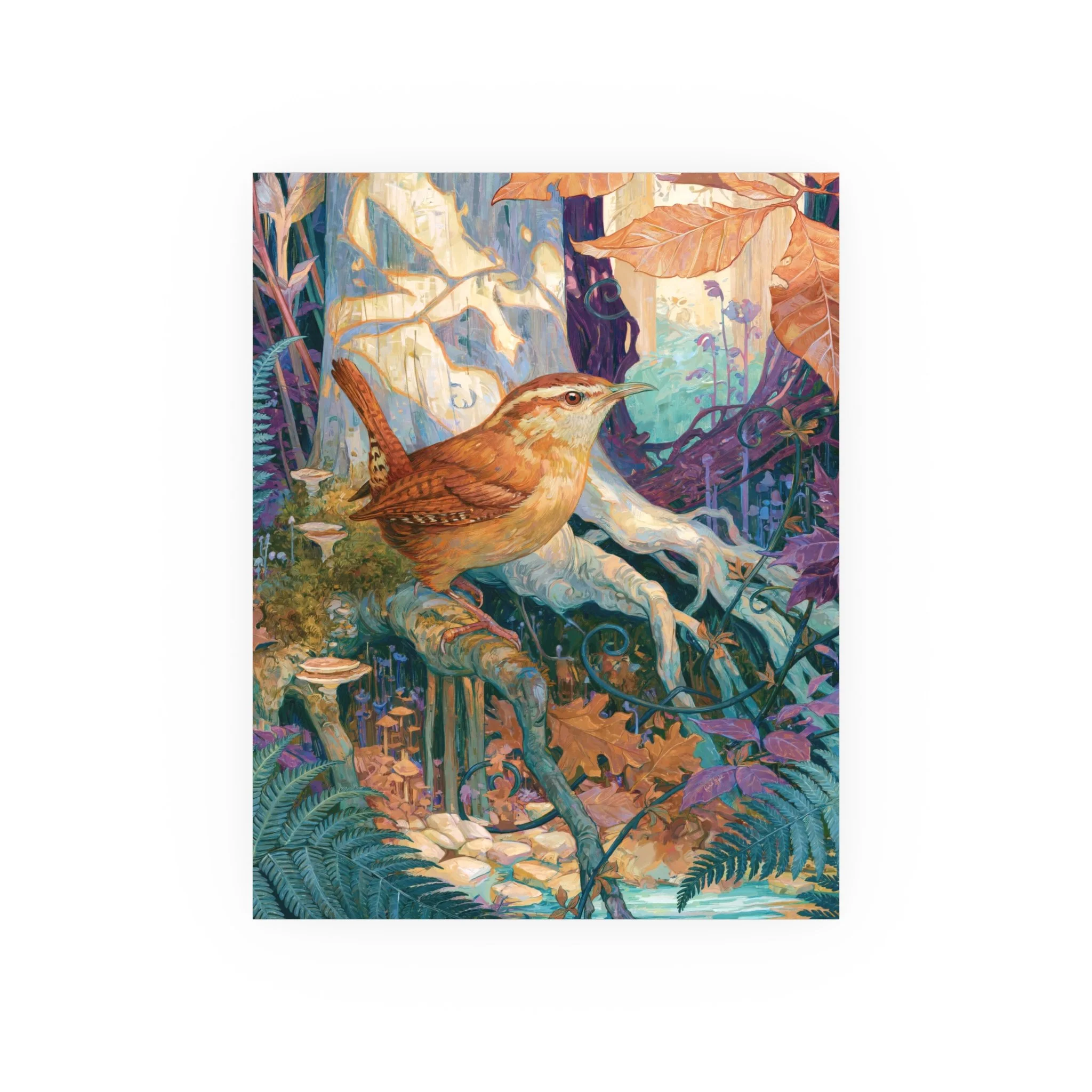 8 x 10 Carolina Wren in the Beech Roots art print showing a cinnamon Carolina wren among pale beech roots and woodland growth. Artwork by Rachel Stepek.