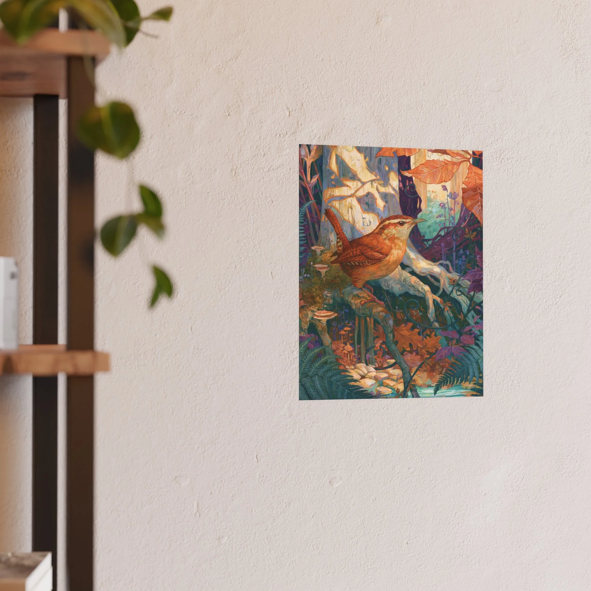 8 x 10 Carolina Wren in the Beech Roots art print displayed unframed on smooth archival matte paper.
