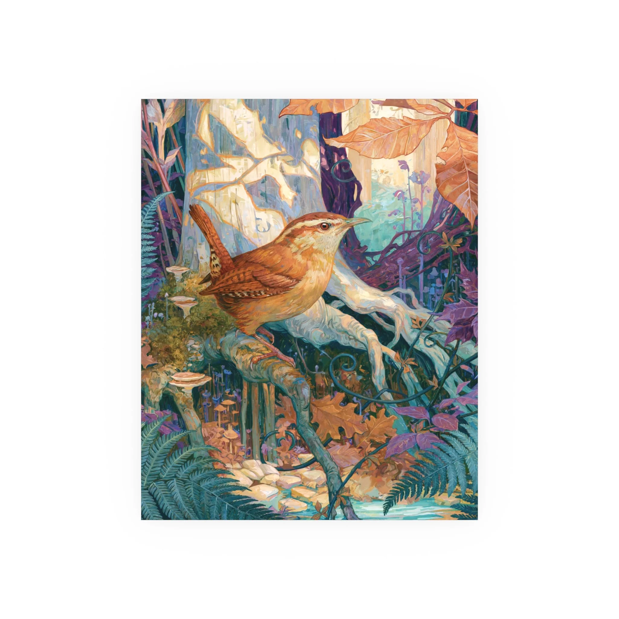 16 x 20 Carolina Wren in the Beech Roots art print with copper leaves, blue-green ferns, fungi, moss, and pale beech bark.