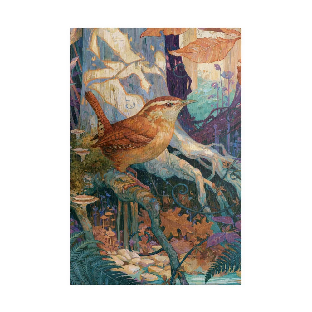 Complete Carolina Wren in the Beech Roots vertical jigsaw puzzle shown against a clean white background