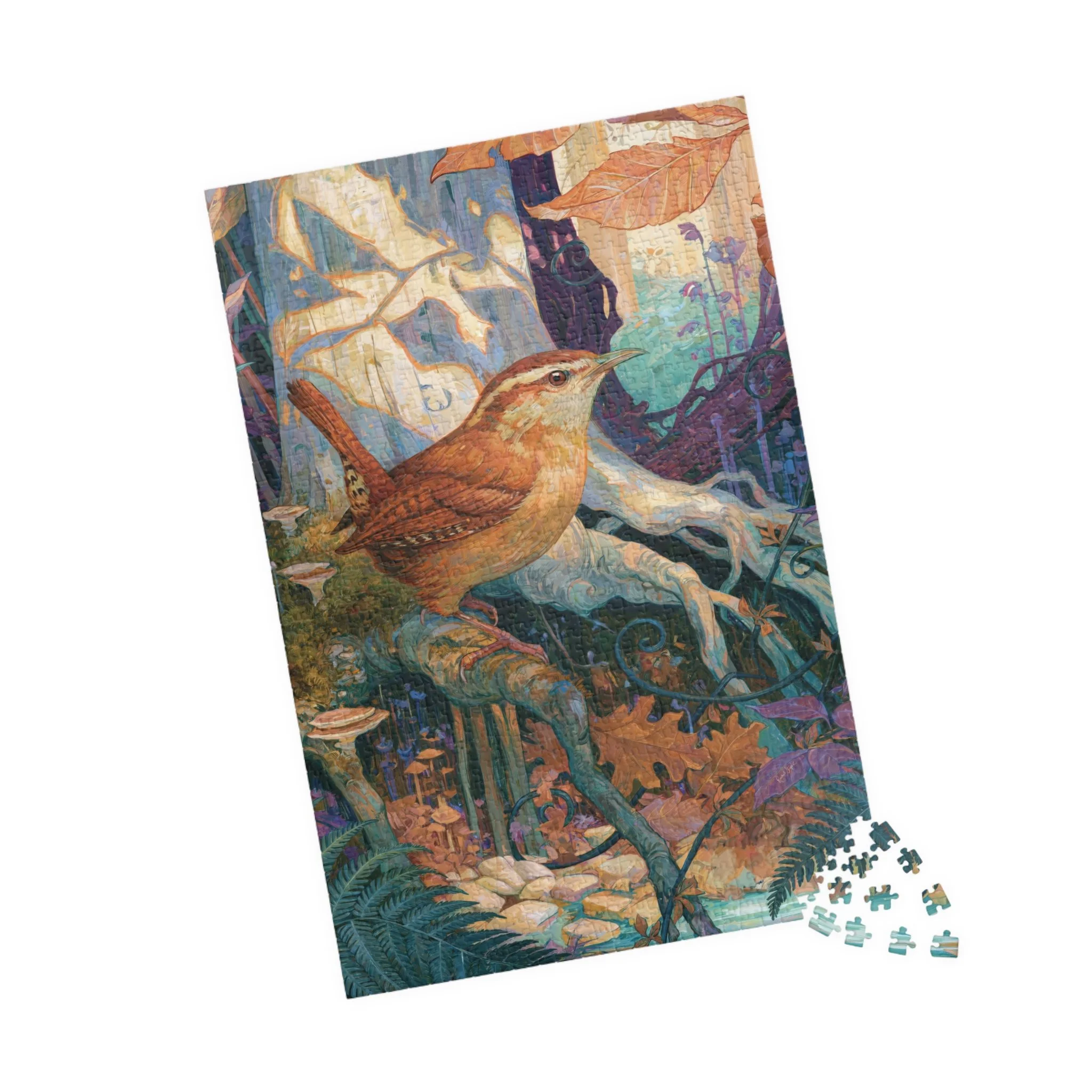 Carolina Wren in the Beech Roots puzzle partly assembled beside loose woodland-colored pieces.