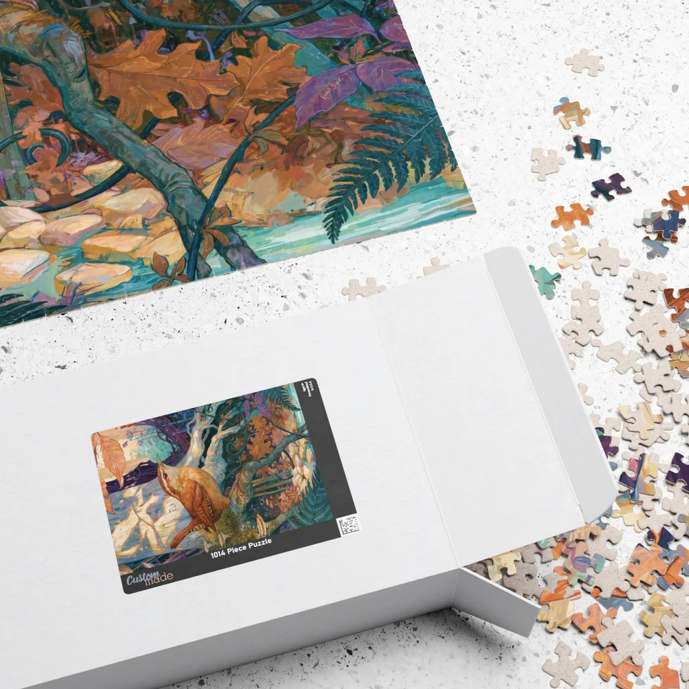 Carolina Wren in the Beech Roots jigsaw puzzle beside its printed paper box and reference image