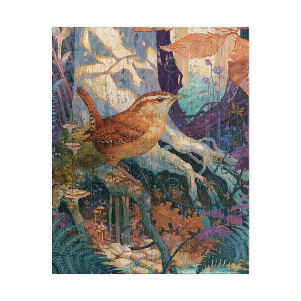 Close view of the Carolina wren among pale beech roots, moss and fungi on the puzzle