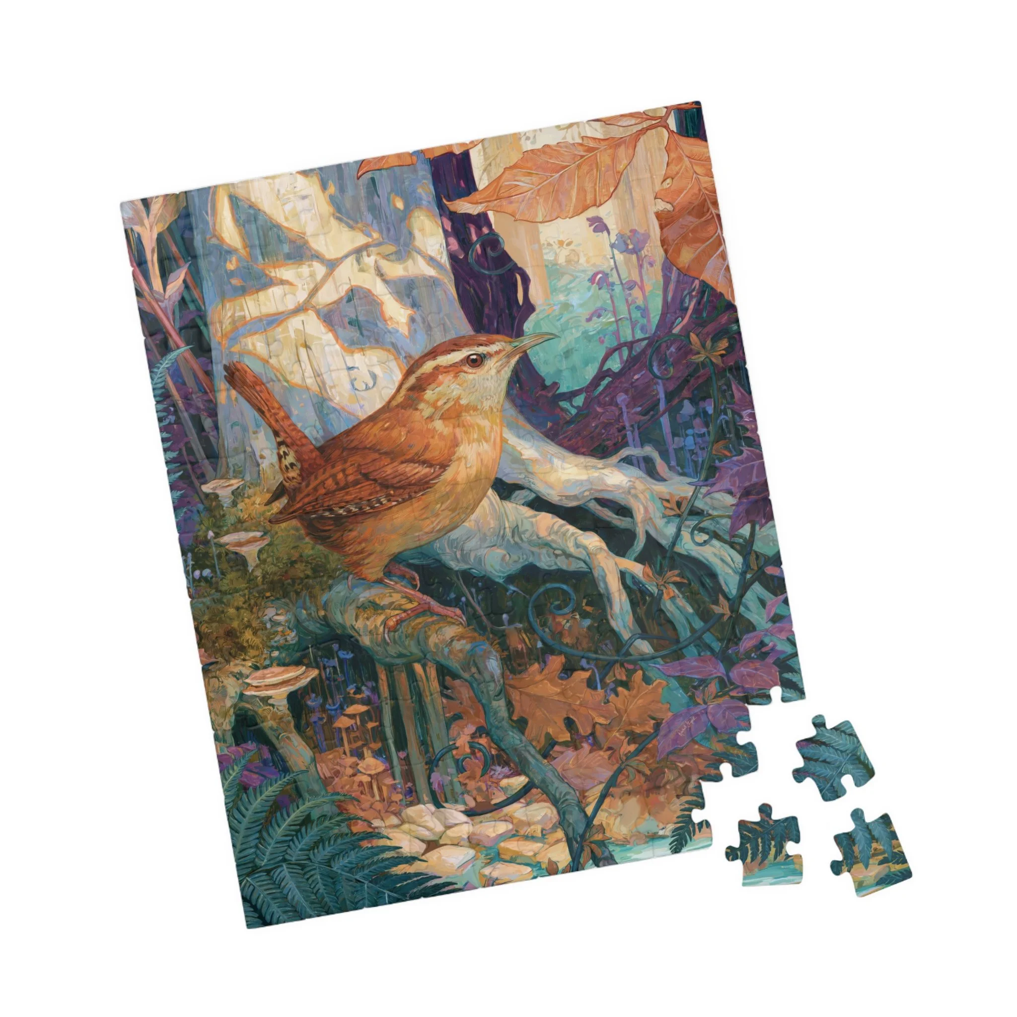 Carolina Wren in the Beech Roots puzzle partly assembled beside loose woodland-colored pieces.