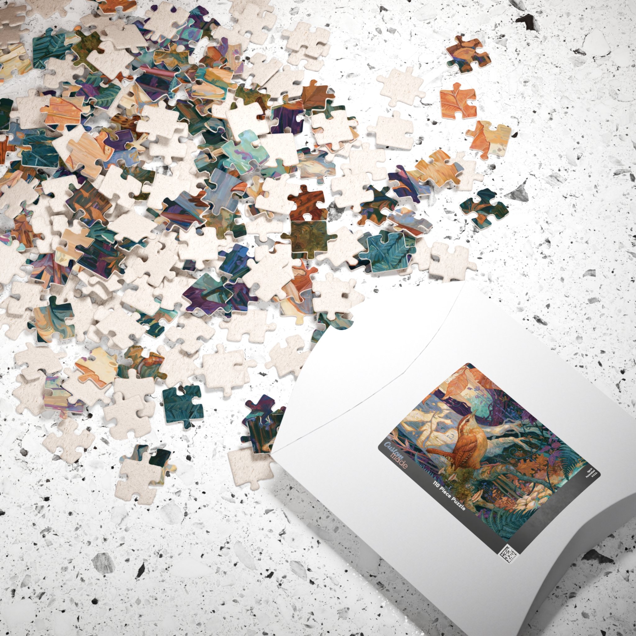 Carolina Wren in the Beech Roots puzzle with its paper box featuring the complete artwork by Rachel Stepek.
