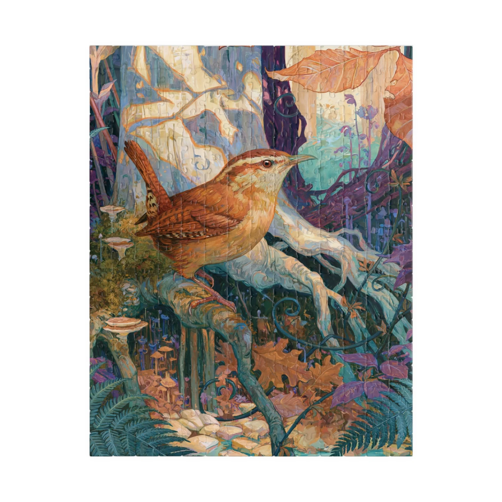 Carolina Wren in the Beech Roots vertical jigsaw puzzle showing a cinnamon Carolina wren among pale beech roots, ferns, fungi, and copper leaves. Artwork by Rachel Stepek.