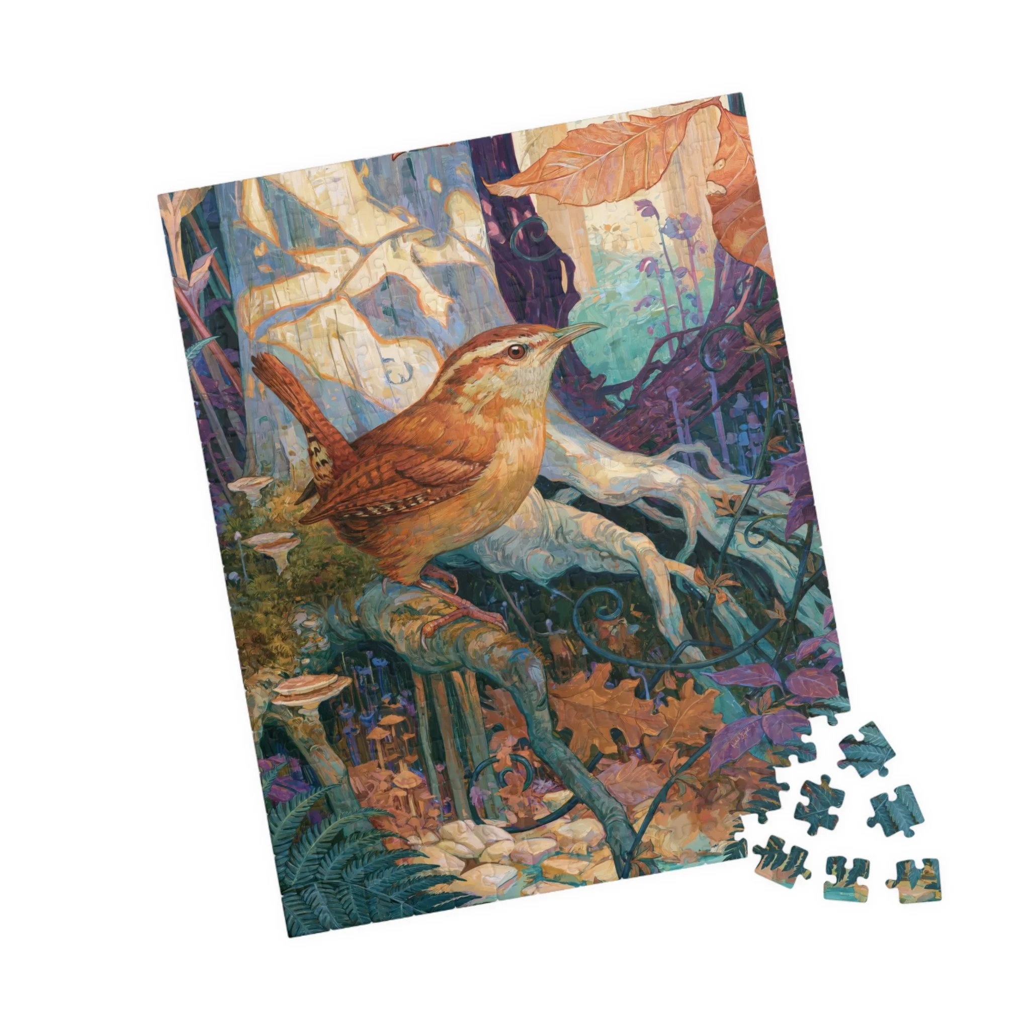 Carolina Wren in the Beech Roots puzzle partly assembled beside loose woodland-colored pieces.