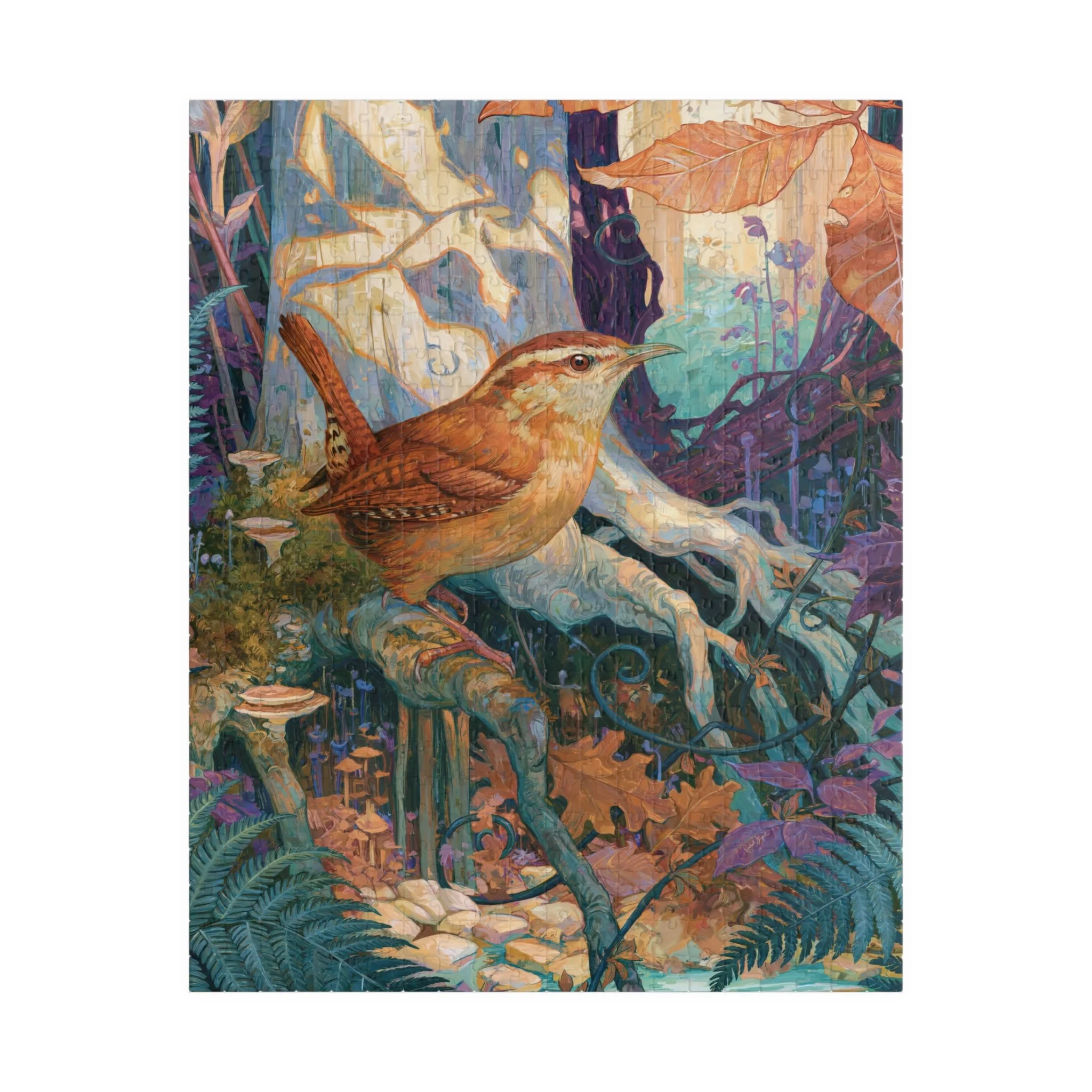 Carolina Wren in the Beech Roots vertical jigsaw puzzle showing a cinnamon Carolina wren among pale beech roots, ferns, fungi, and copper leaves. Artwork by Rachel Stepek.