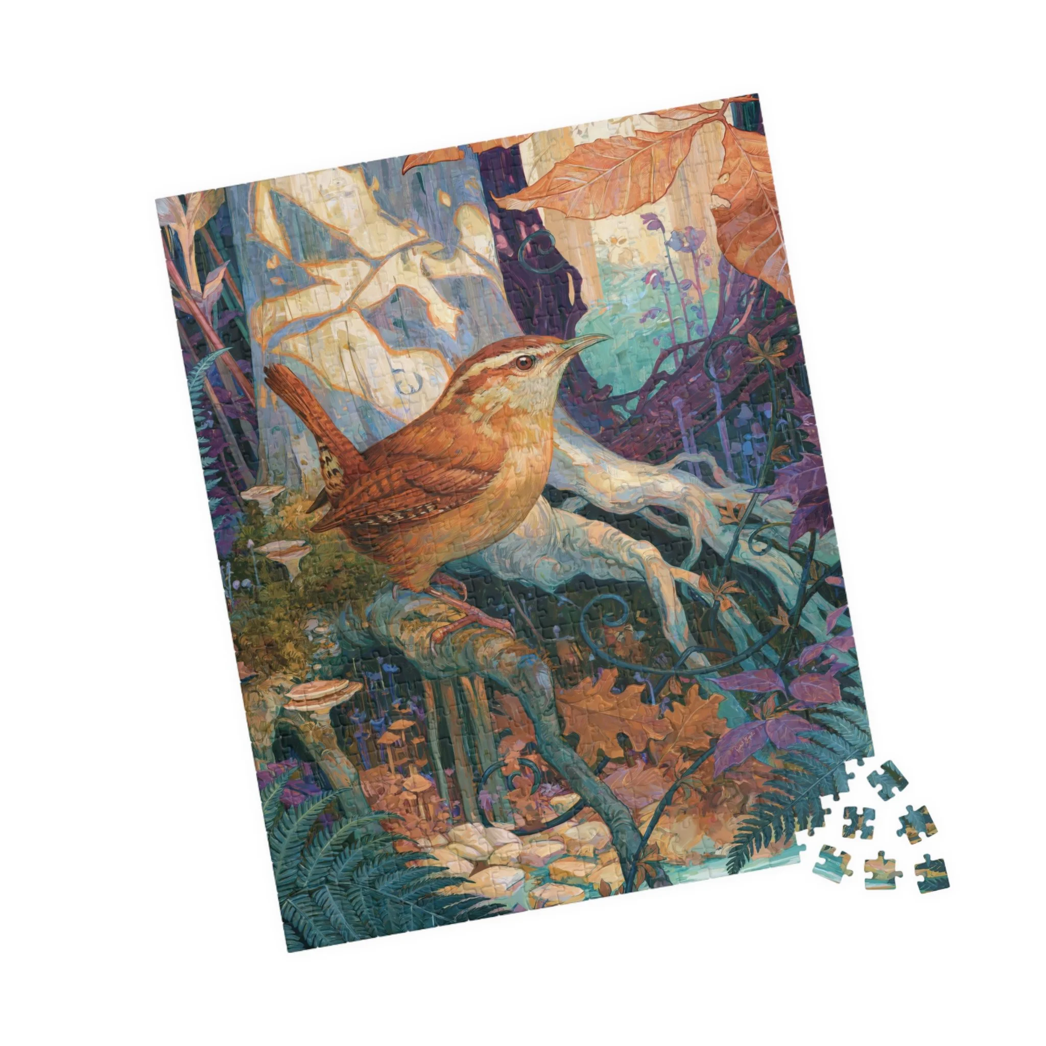 Carolina Wren in the Beech Roots puzzle partly assembled beside loose woodland-colored pieces.