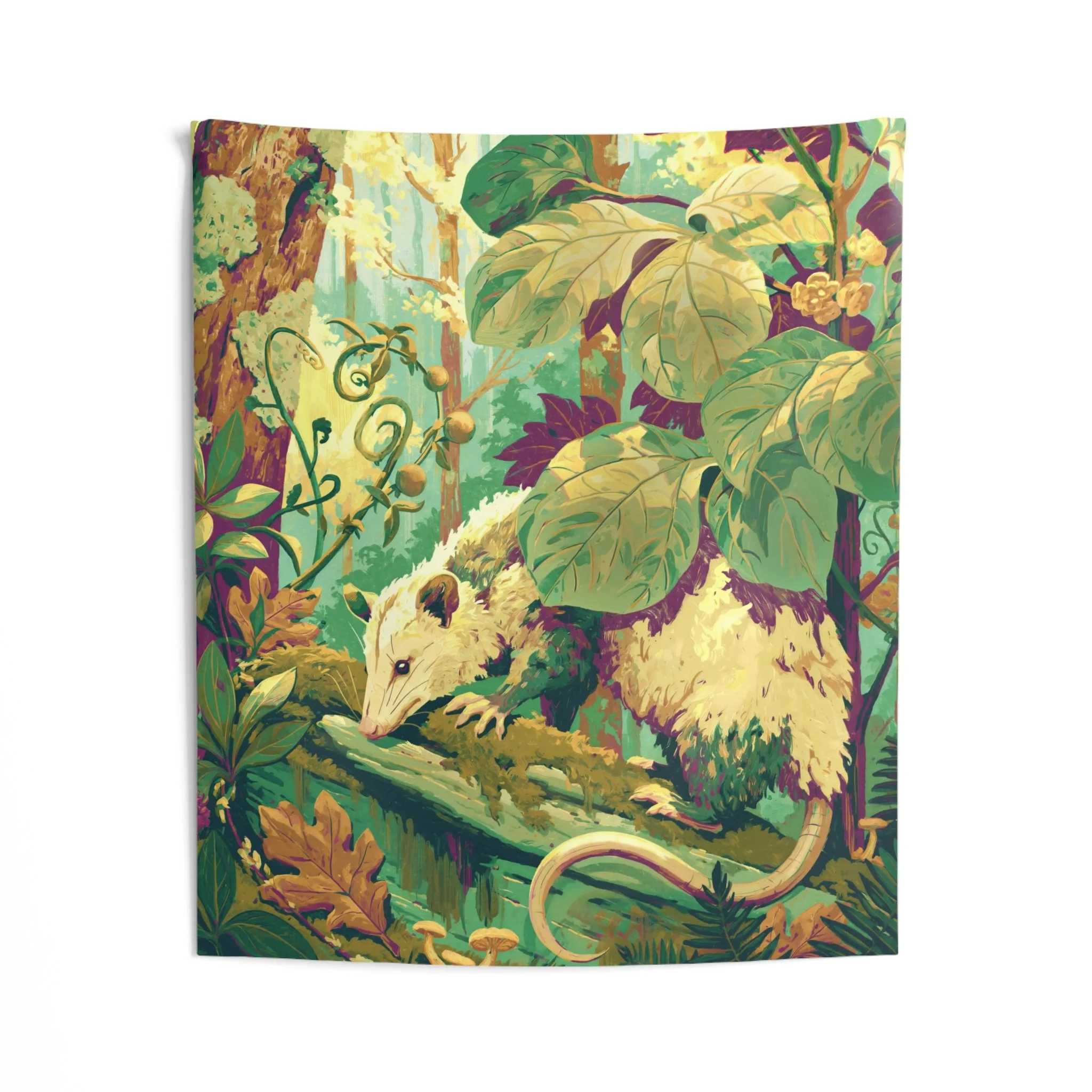 Opossum on the Mossy Log vertical wall tapestry showing a Virginia opossum beneath broad yellow-green leaves in a mossy Appalachian woodland. Artwork by Rachel Stepek.