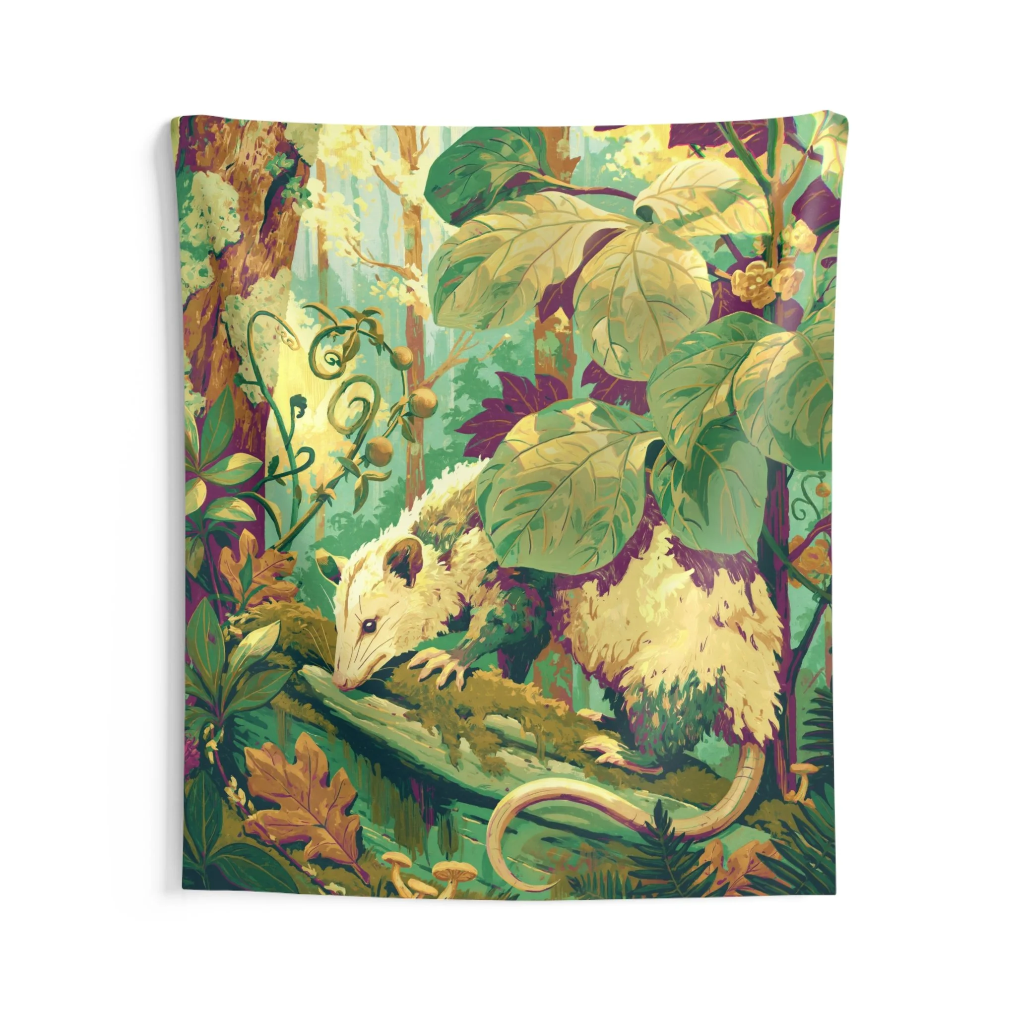 Virginia opossum wall tapestry with luminous foliage, curling vines, a lichen-covered tree, oak leaves, and small woodland mushrooms. Artwork by Rachel Stepek.