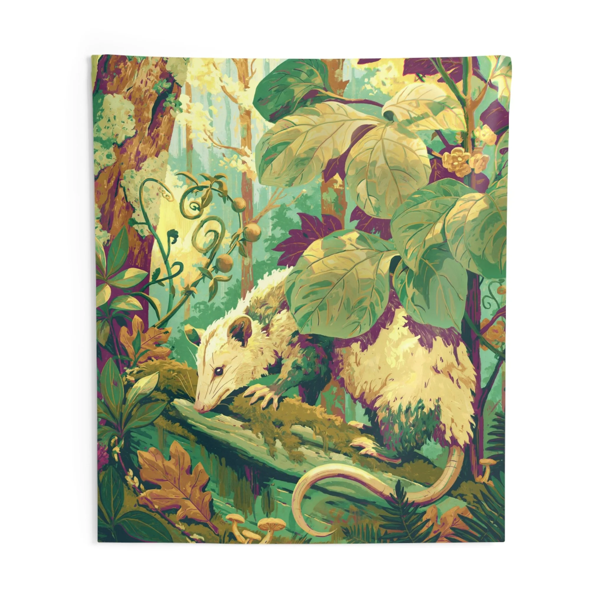 Large Opossum on the Mossy Log tapestry showing the opossum's pale coat and curved tail against moss green, plum, teal, and warm yellow woodland color. Artwork by Rachel Stepek.