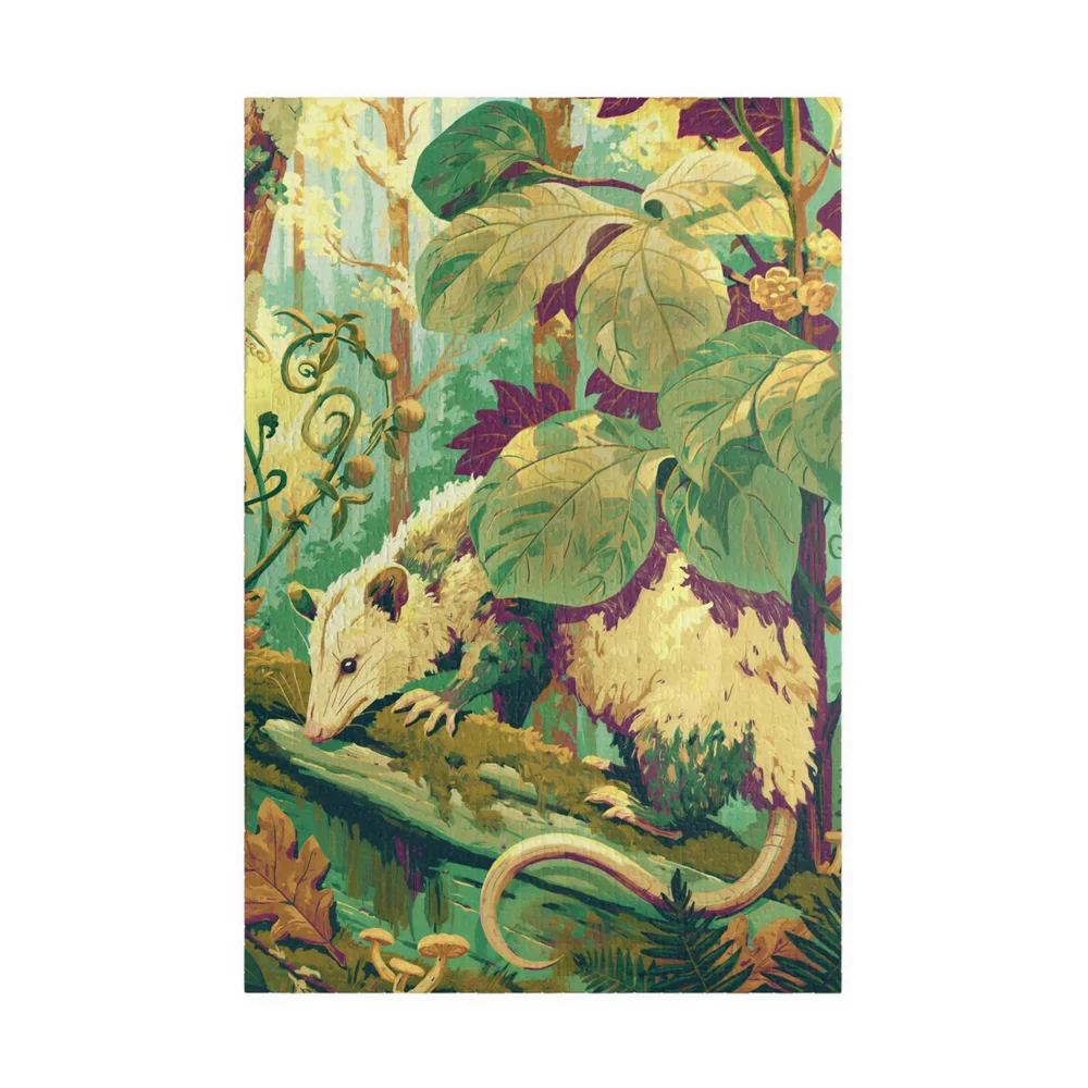 Complete Opossum on the Mossy Log vertical jigsaw puzzle shown against a clean white background