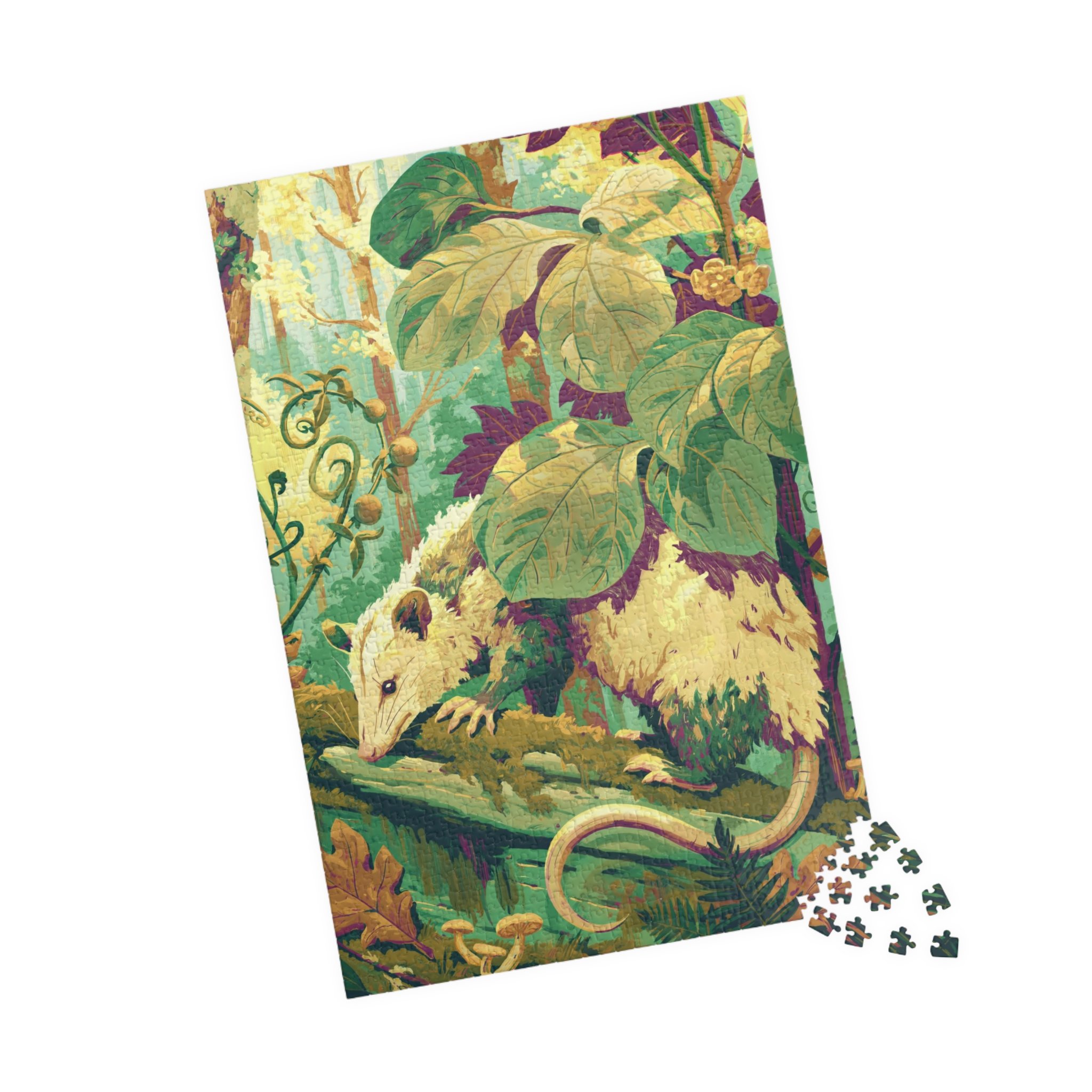 Opossum on the Mossy Log puzzle partly assembled beside loose pieces in yellow-green, teal, plum, cream, and moss woodland colors.