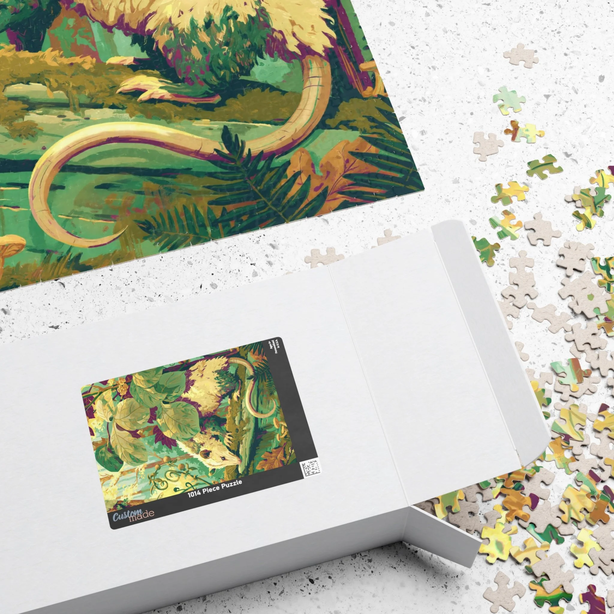 Opossum on the Mossy Log jigsaw puzzle with its paper box and reference print featuring the complete Virginia opossum artwork by Rachel Stepek.