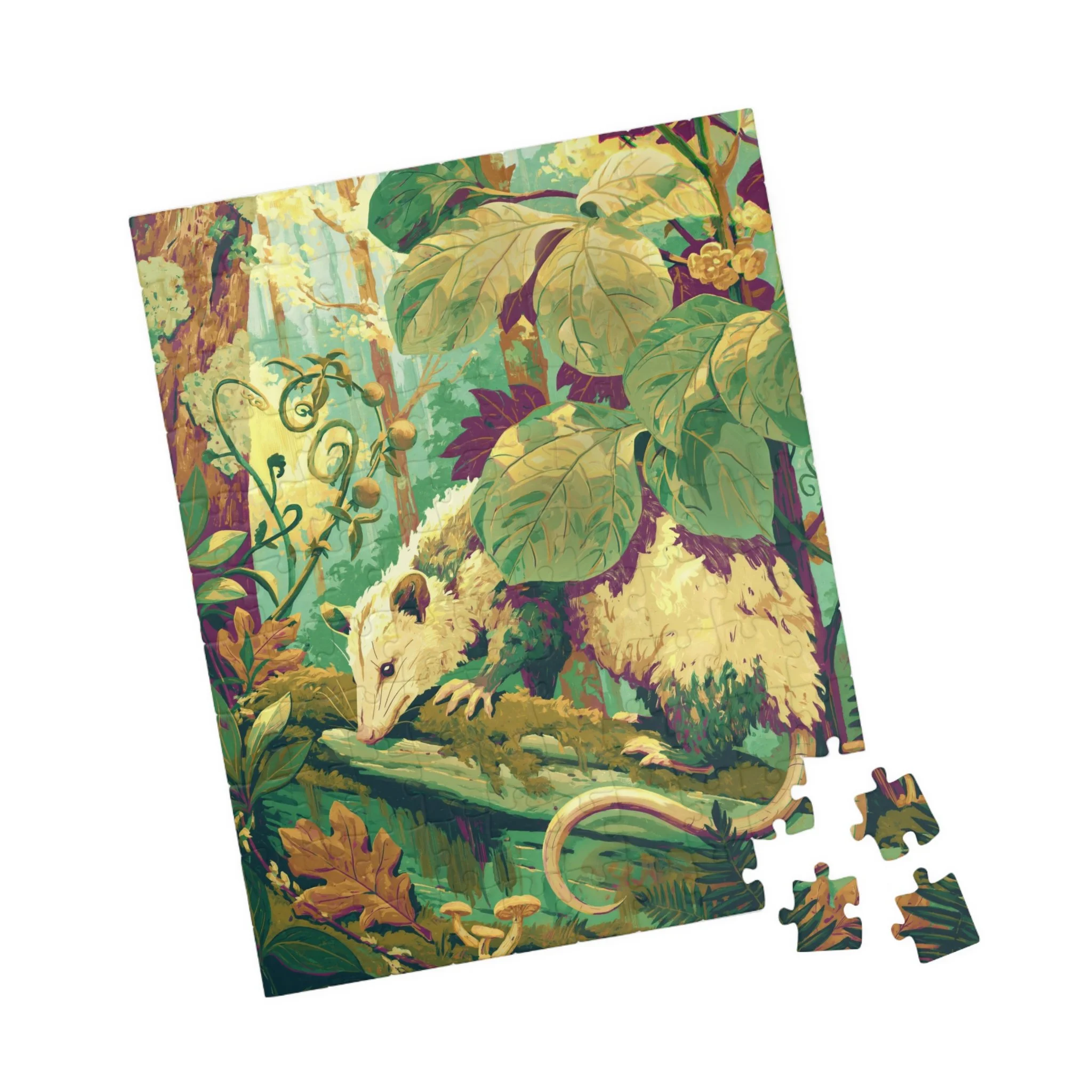 Opossum on the Mossy Log puzzle partly assembled beside loose pieces in yellow-green, teal, plum, cream, and moss woodland colors.