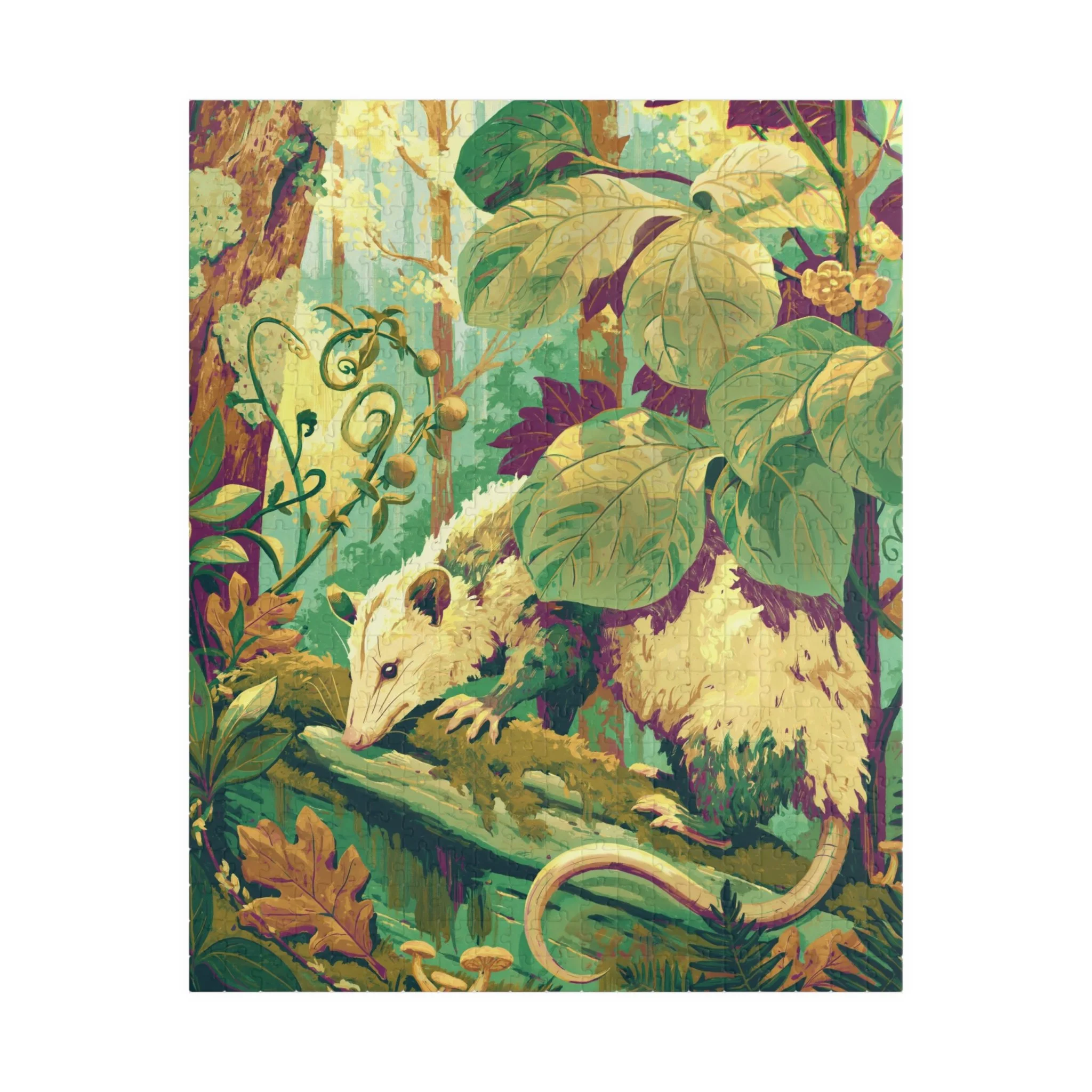 Opossum on the Mossy Log vertical jigsaw puzzle showing a Virginia opossum crossing a moss-covered fallen tree beneath broad woodland leaves. Artwork by Rachel Stepek.