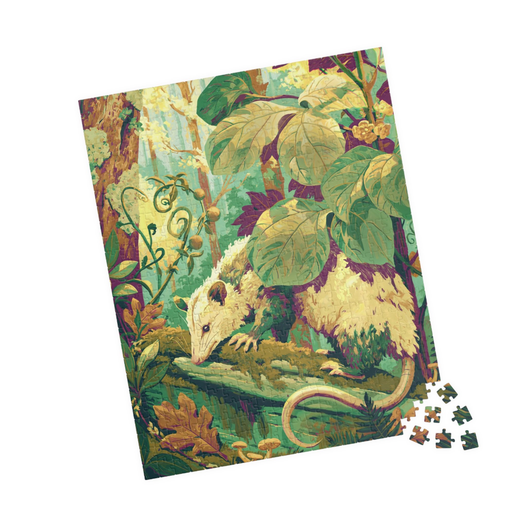 Opossum on the Mossy Log puzzle partly assembled beside loose pieces in yellow-green, teal, plum, cream, and moss woodland colors.