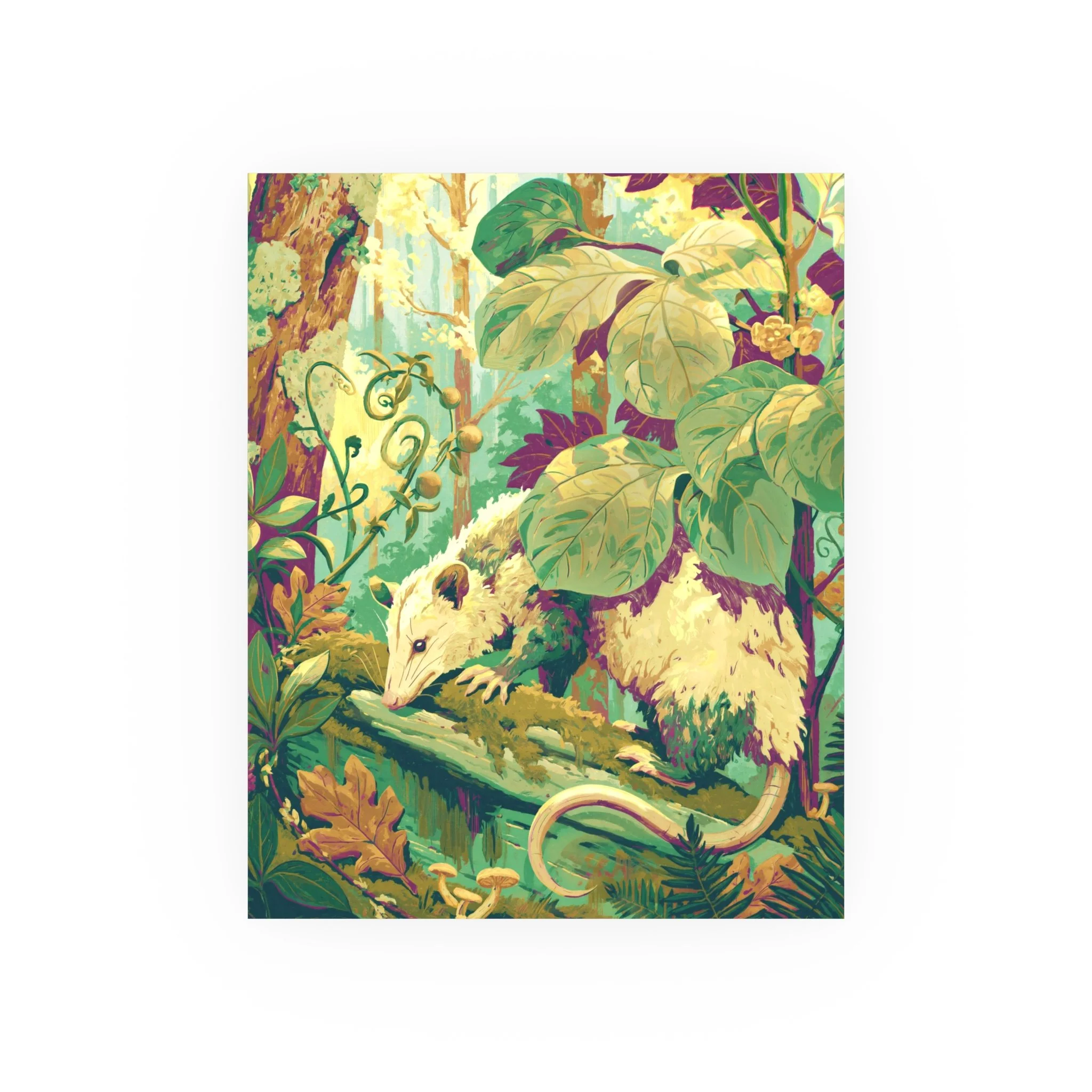 Opossum on the Mossy Log 8 x 10 vertical art print showing a Virginia opossum crossing a moss-covered log beneath luminous woodland leaves. Artwork by Rachel Stepek.