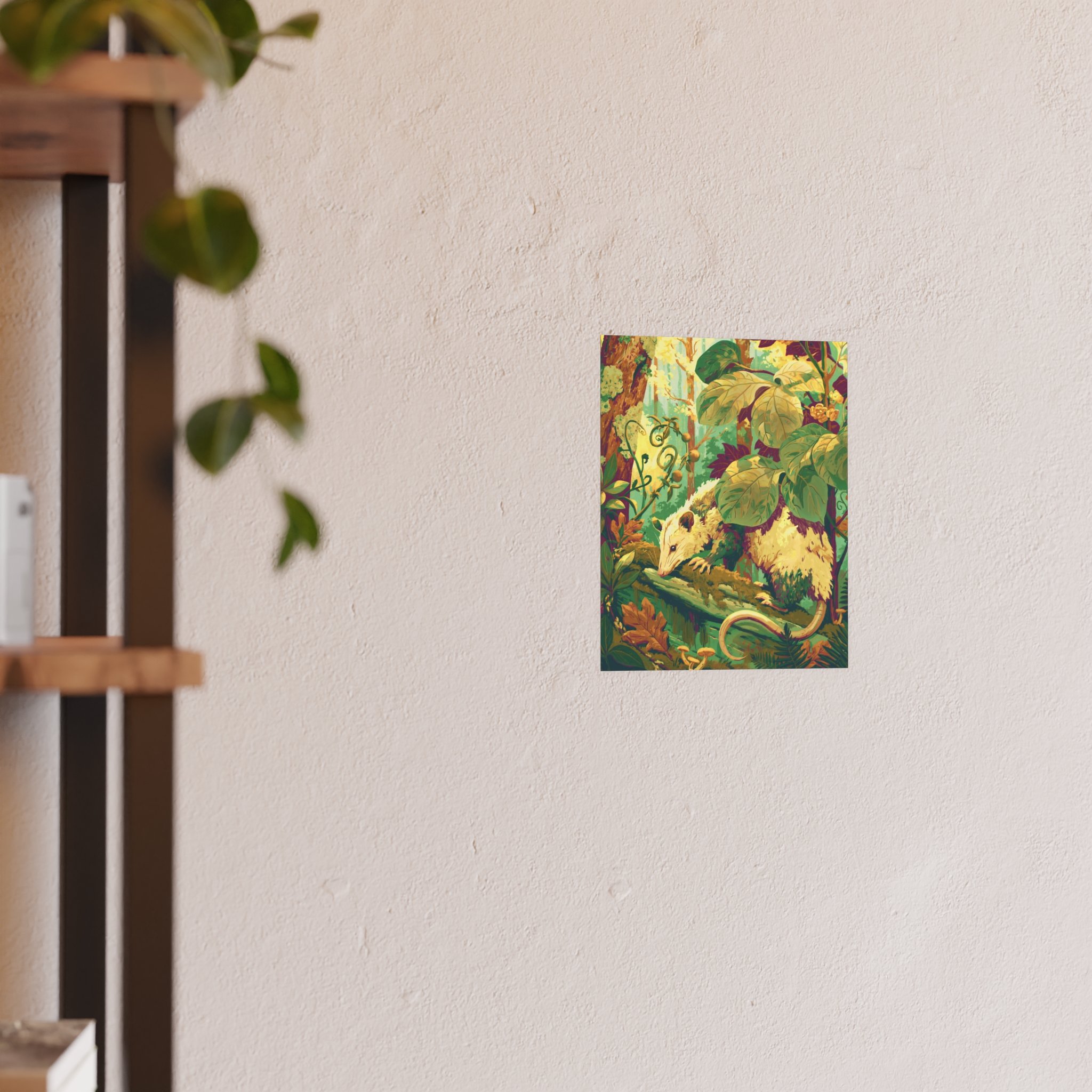 Opossum on the Mossy Log 8 x 10 vertical art print showing a Virginia opossum crossing a moss-covered log beneath luminous woodland leaves shown in a room for scale