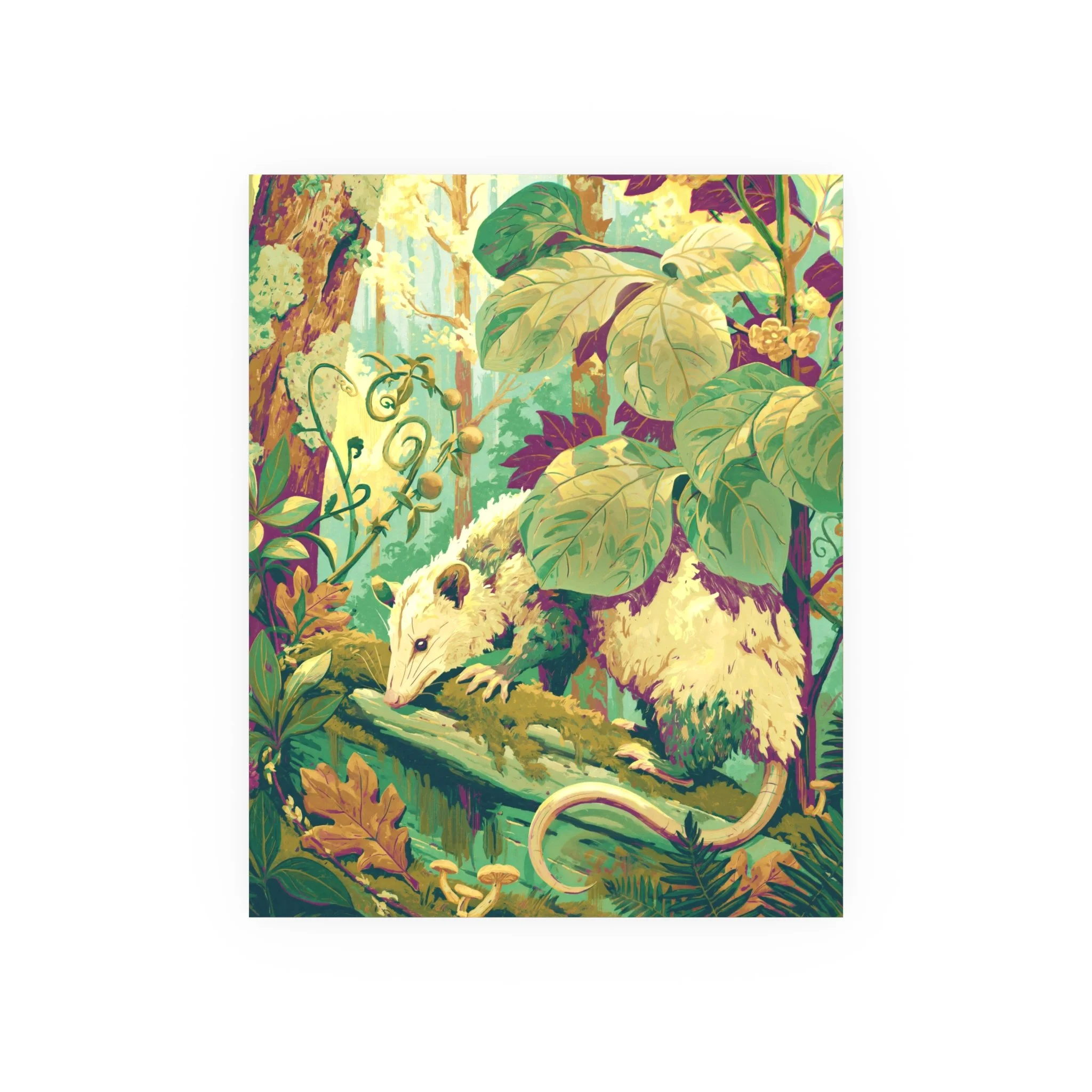 Opossum on the Mossy Log 16 x 20 Appalachian woodland art print with a pale Virginia opossum, curling vines, lichen, oak leaves, and mushrooms. Artwork by Rachel Stepek.