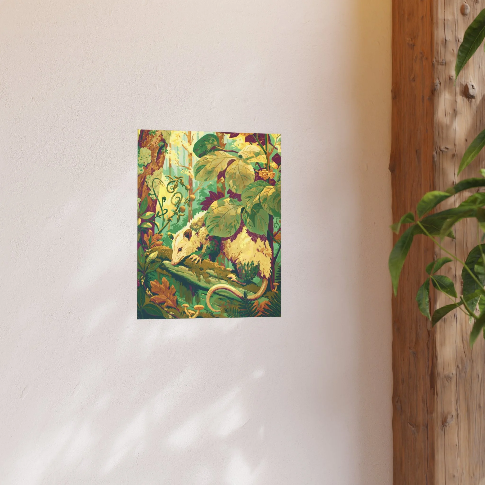 Opossum on the Mossy Log 16x20 vertical art print showing a Virginia opossum crossing a moss-covered log beneath luminous woodland leaves shown in a room for scale