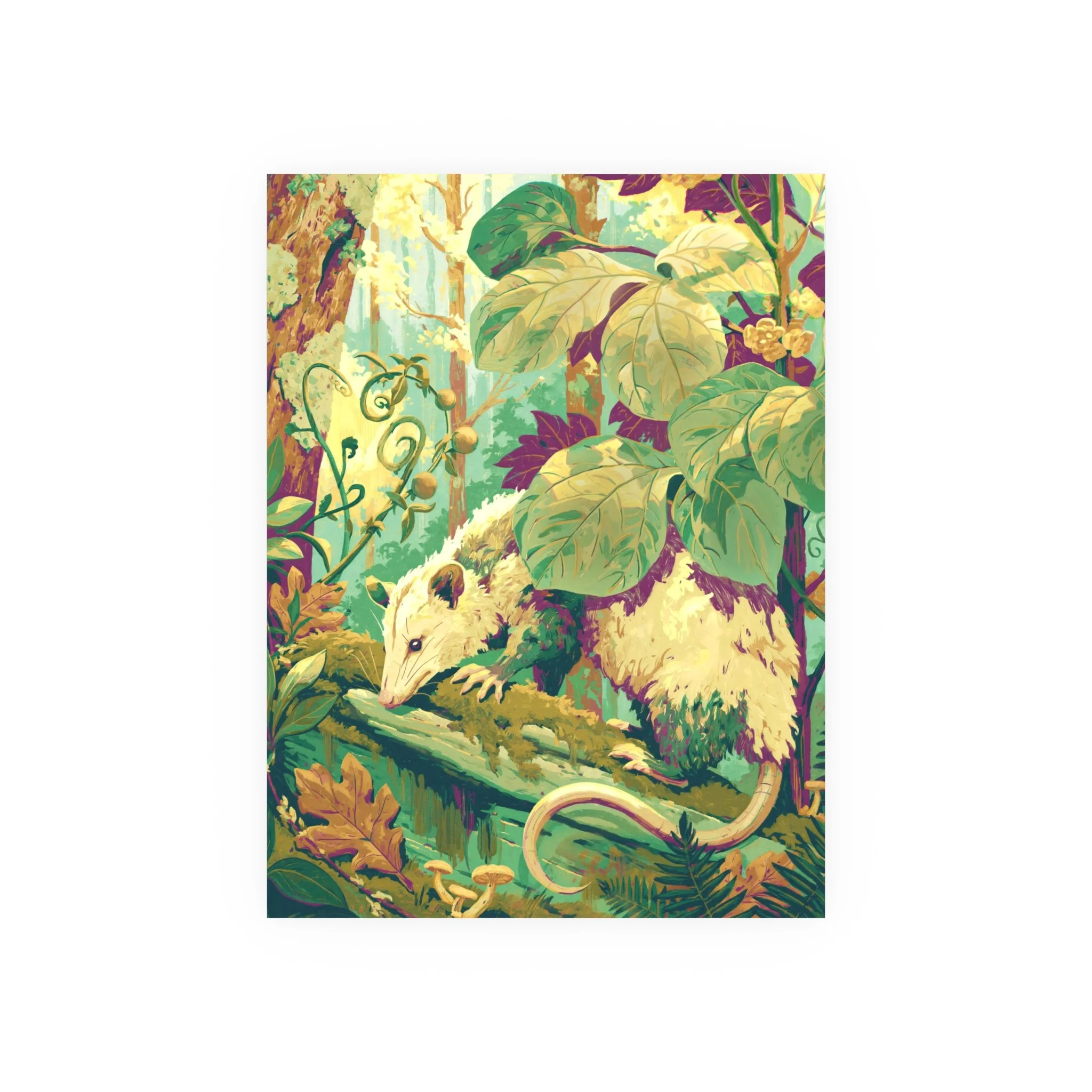 Opossum on the Mossy Log 18 x 24 vertical art print in yellow-green, cream, moss, teal, plum, and warm ochre woodland colors. Artwork by Rachel Stepek.